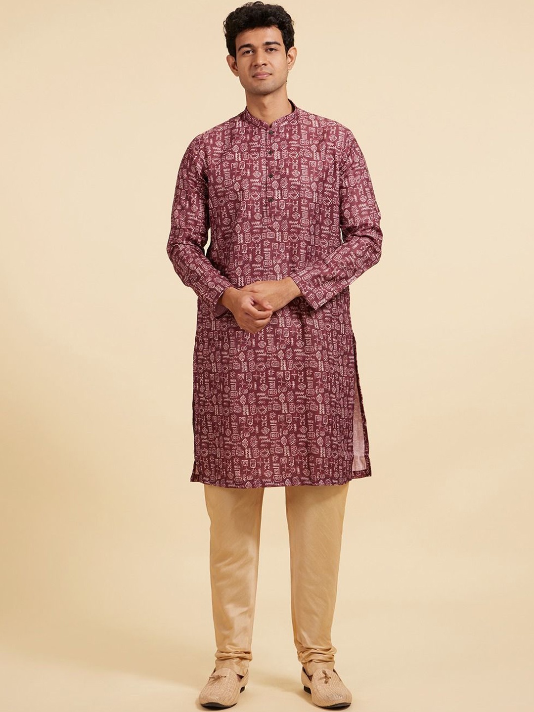 

Diwas by Manyavar Abstract Printed Cotton Mandarin Collar Straight Kurta, Brown
