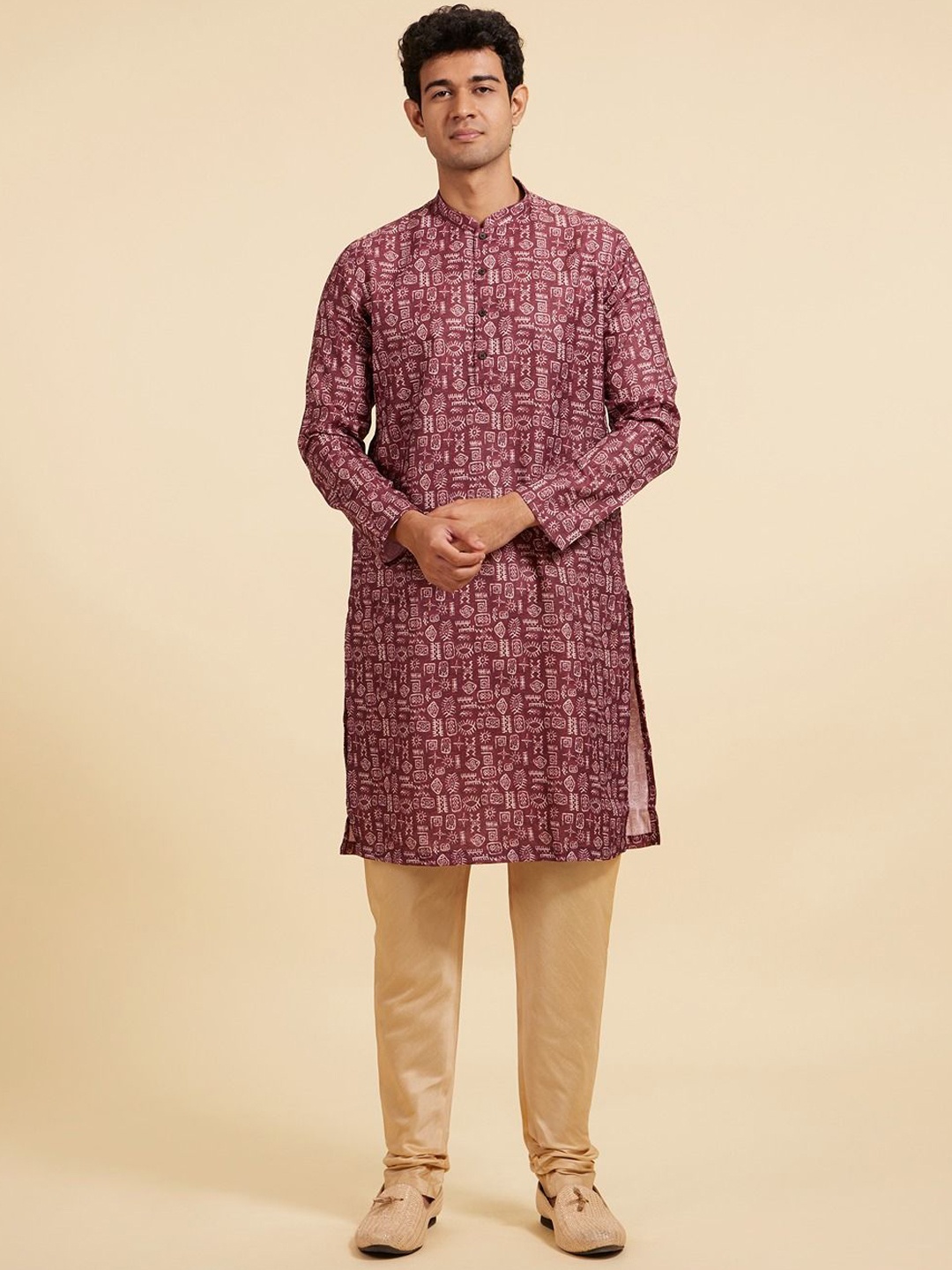 

Diwas by Manyavar Abstract Printed Woven Design Cotton Mandarin Collar Straight Kurta, Brown