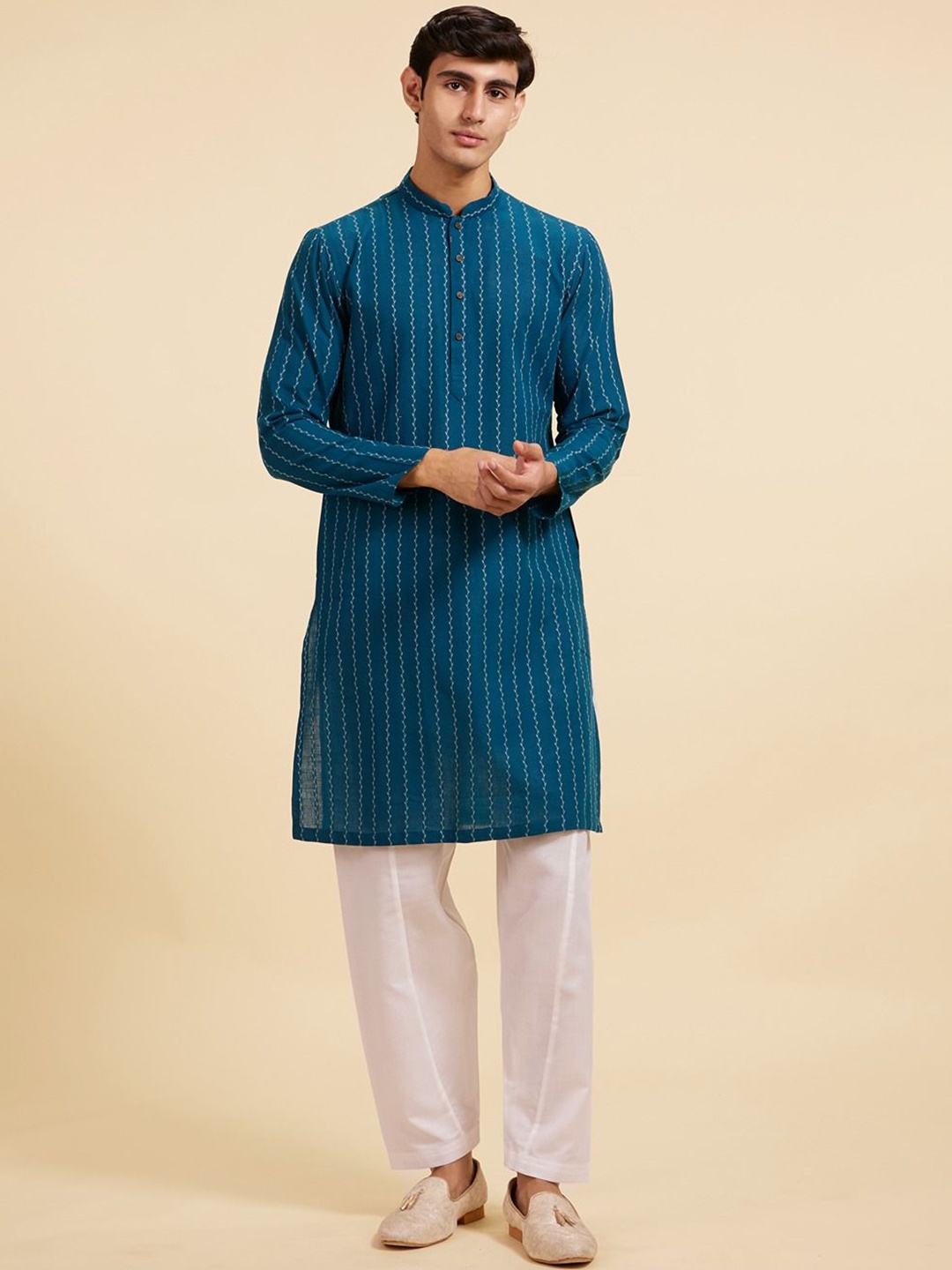 

Diwas by Manyavar Striped Printed Woven Design Cotton Mandarin Collar Straight Kurta, Blue