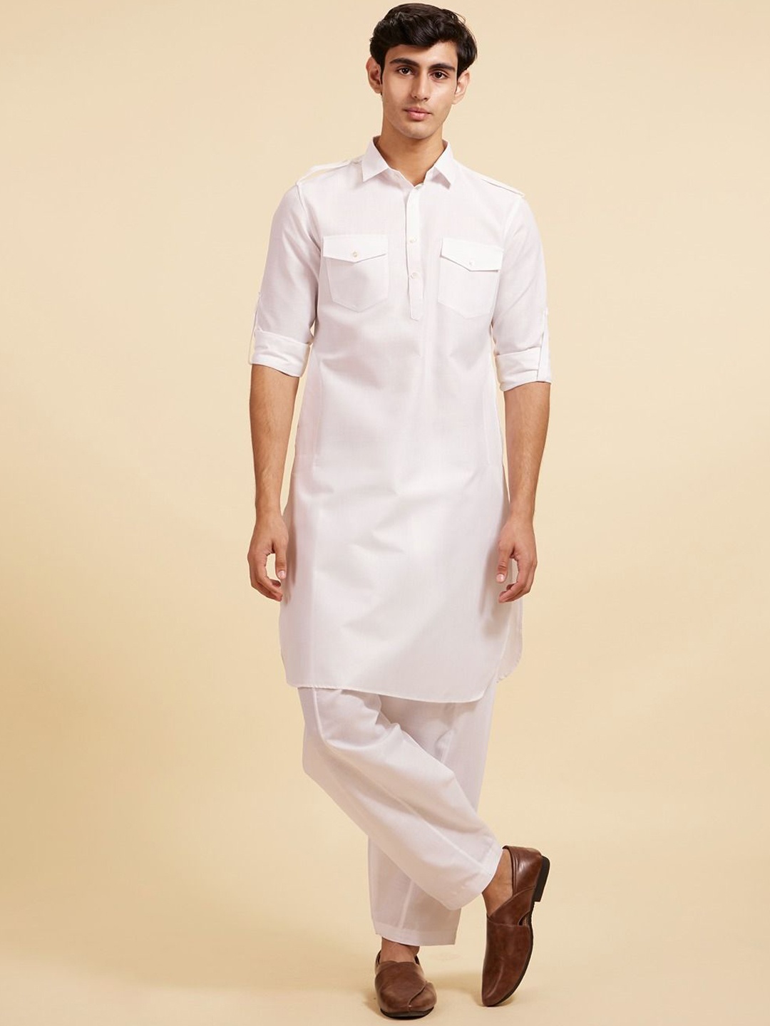 

Diwas by Manyavar Shirt Collar Pathani Kurta With Patiala, White