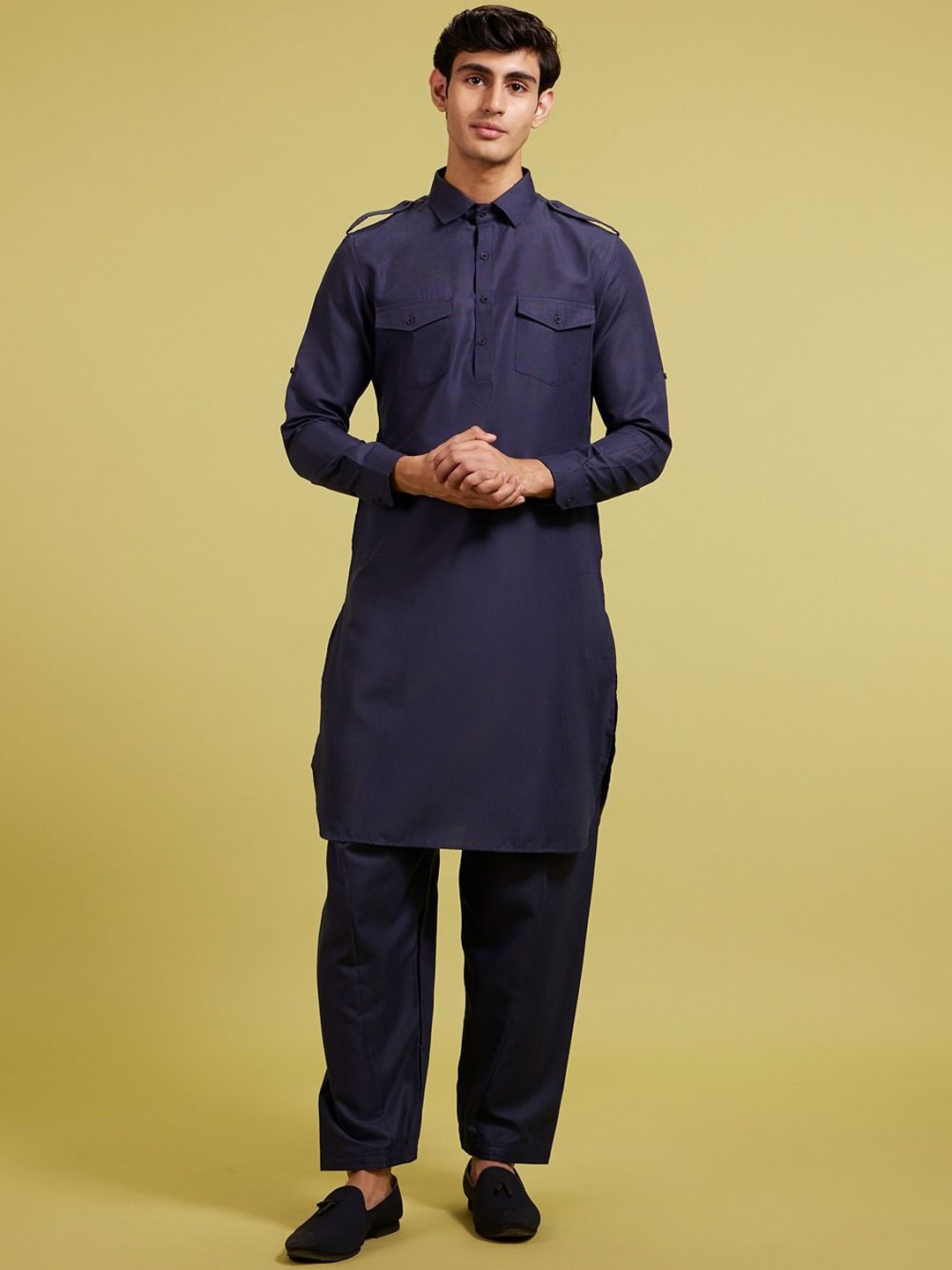 

Diwas by Manyavar Shirt Collar Pathani Kurta With Patiala, Blue