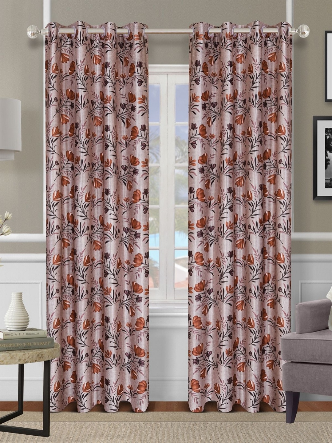 

Aura Brown & Black 2 Pieces Floral Printed Room Darkening Door Curtains