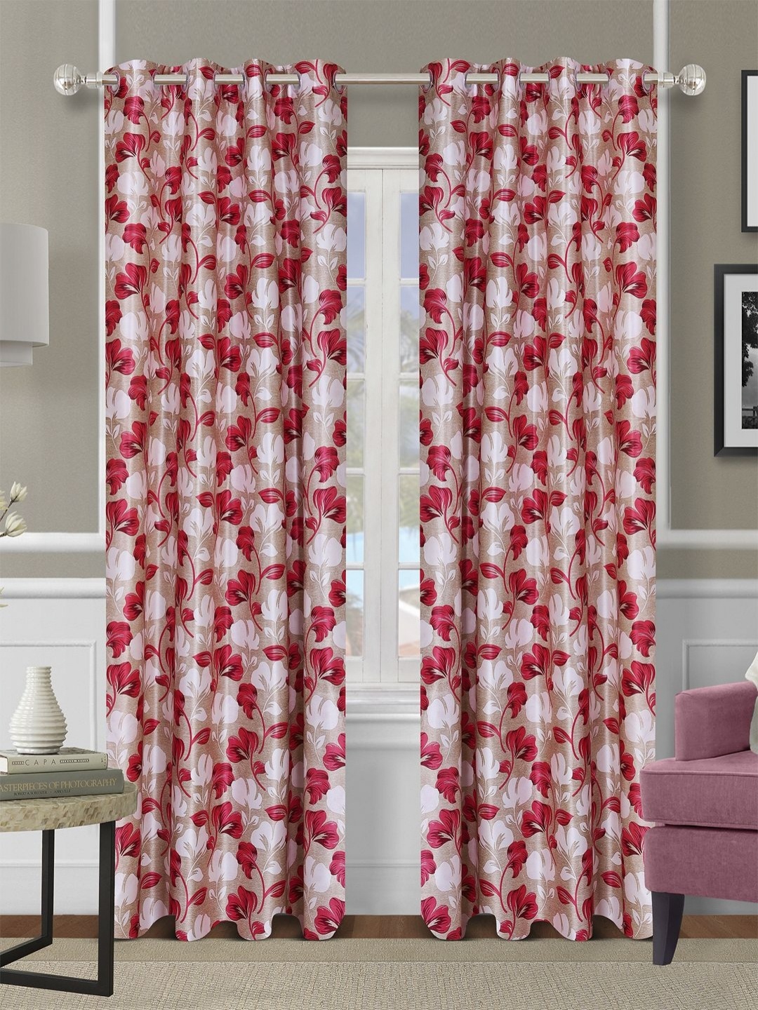 

Aura Beige & Pink 2 Pieces Floral Printed Room Darkening Door Curtains