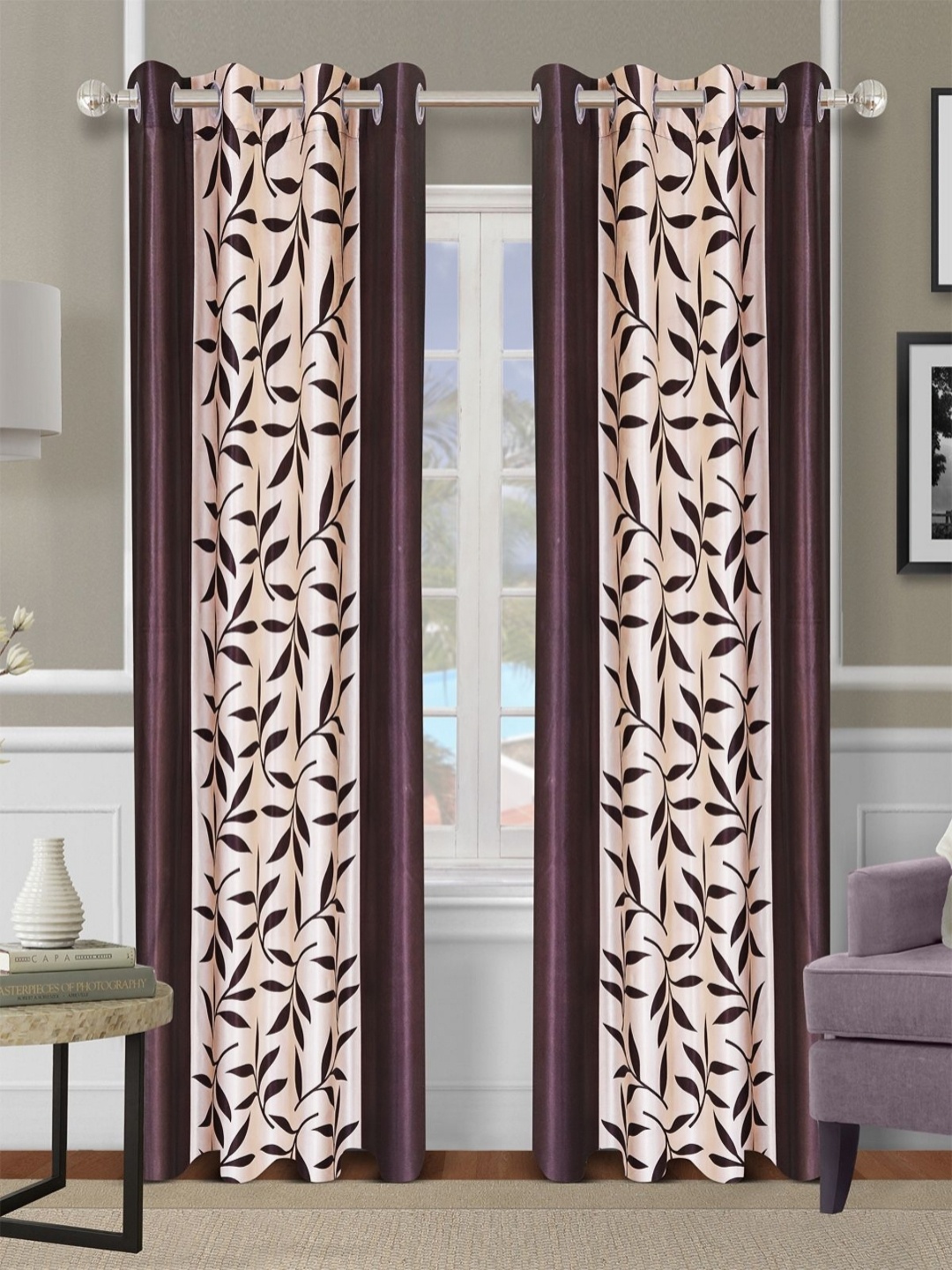 

Aura Brown & Cream-Coloured 2 Pieces Floral Room Darkening Door Curtains