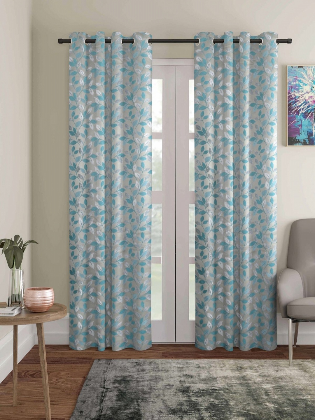 

Aura Turquoise Blue & Silver-Toned 2 Pieces Leafy Room Darkening Door Curtains