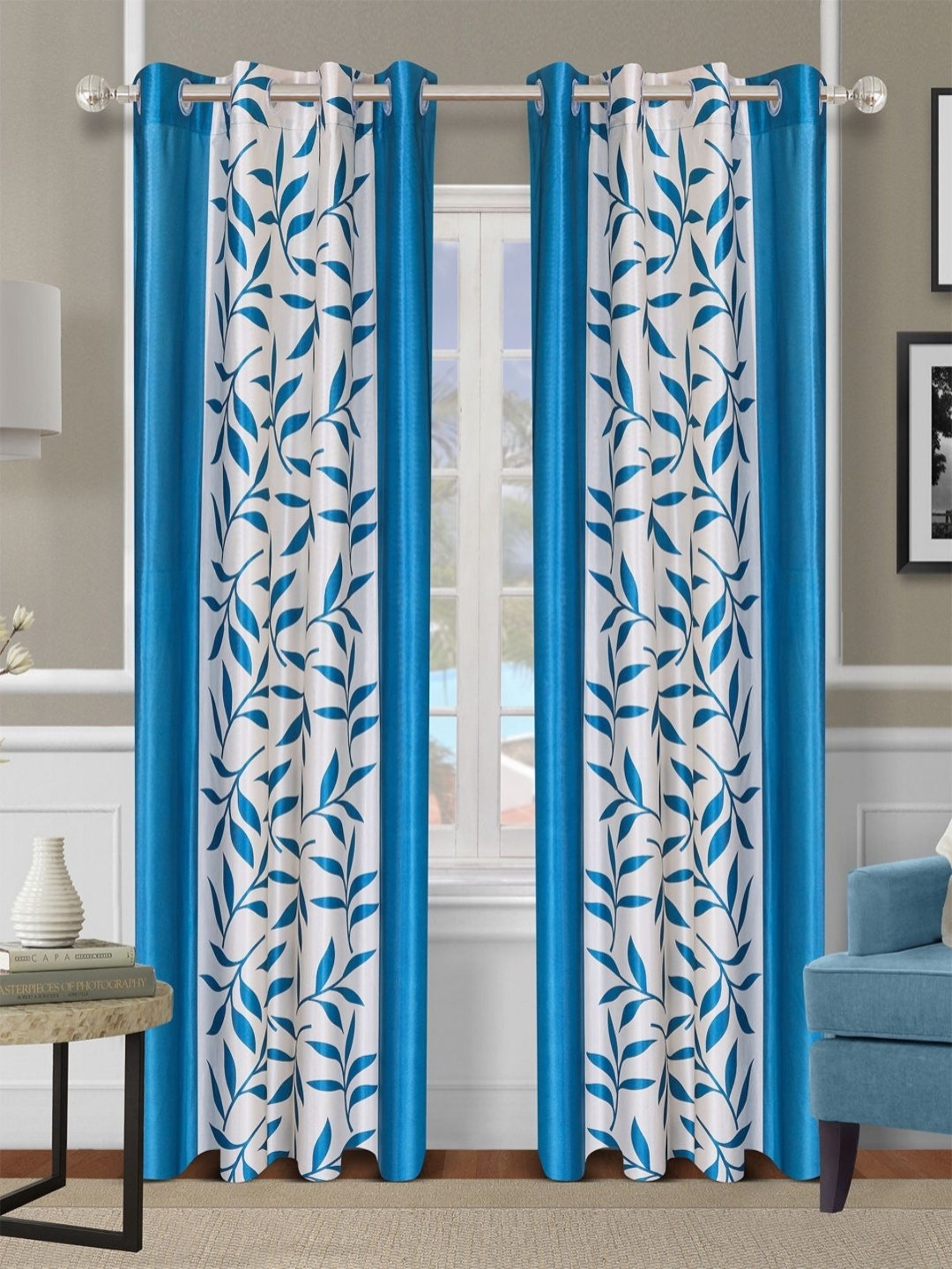 

Aura Blue & White 2 Pieces Leafy Room Darkening Door Curtains