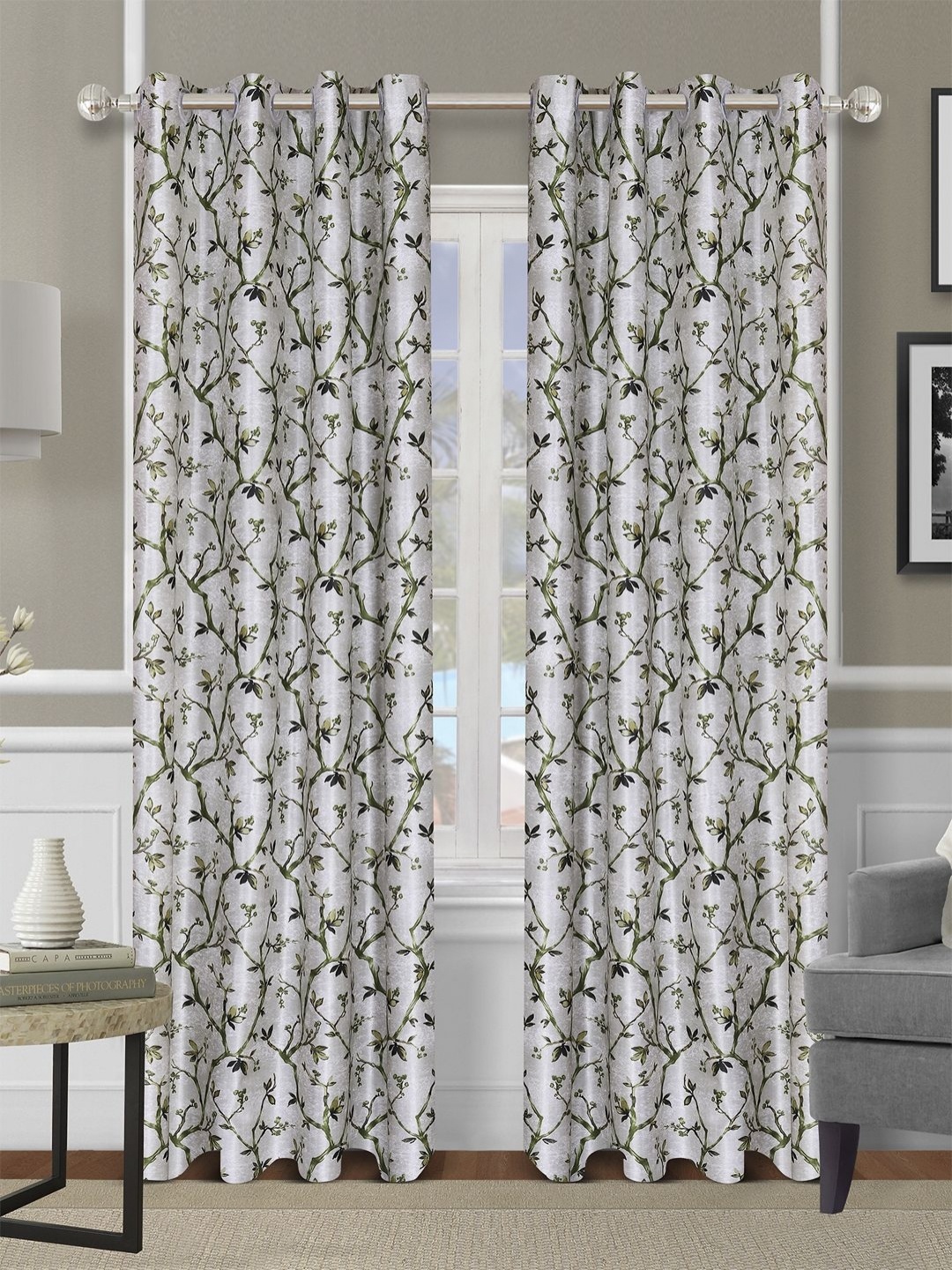

Aura Grey & Green 2 Pieces Floral Room Darkening Door Curtains