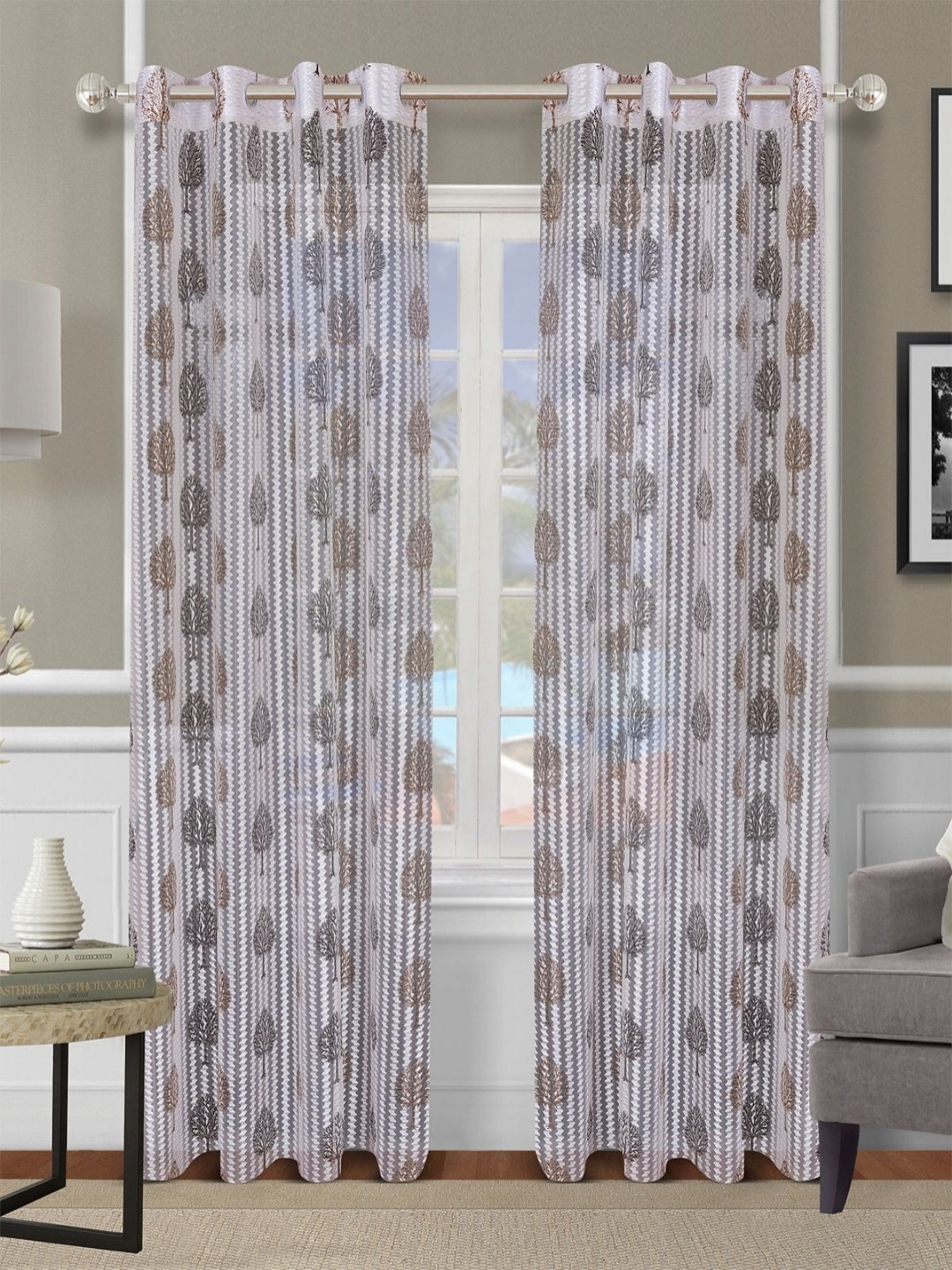 

Aura Off White & Brown 2 Pieces Floral Transparent Door Curtains