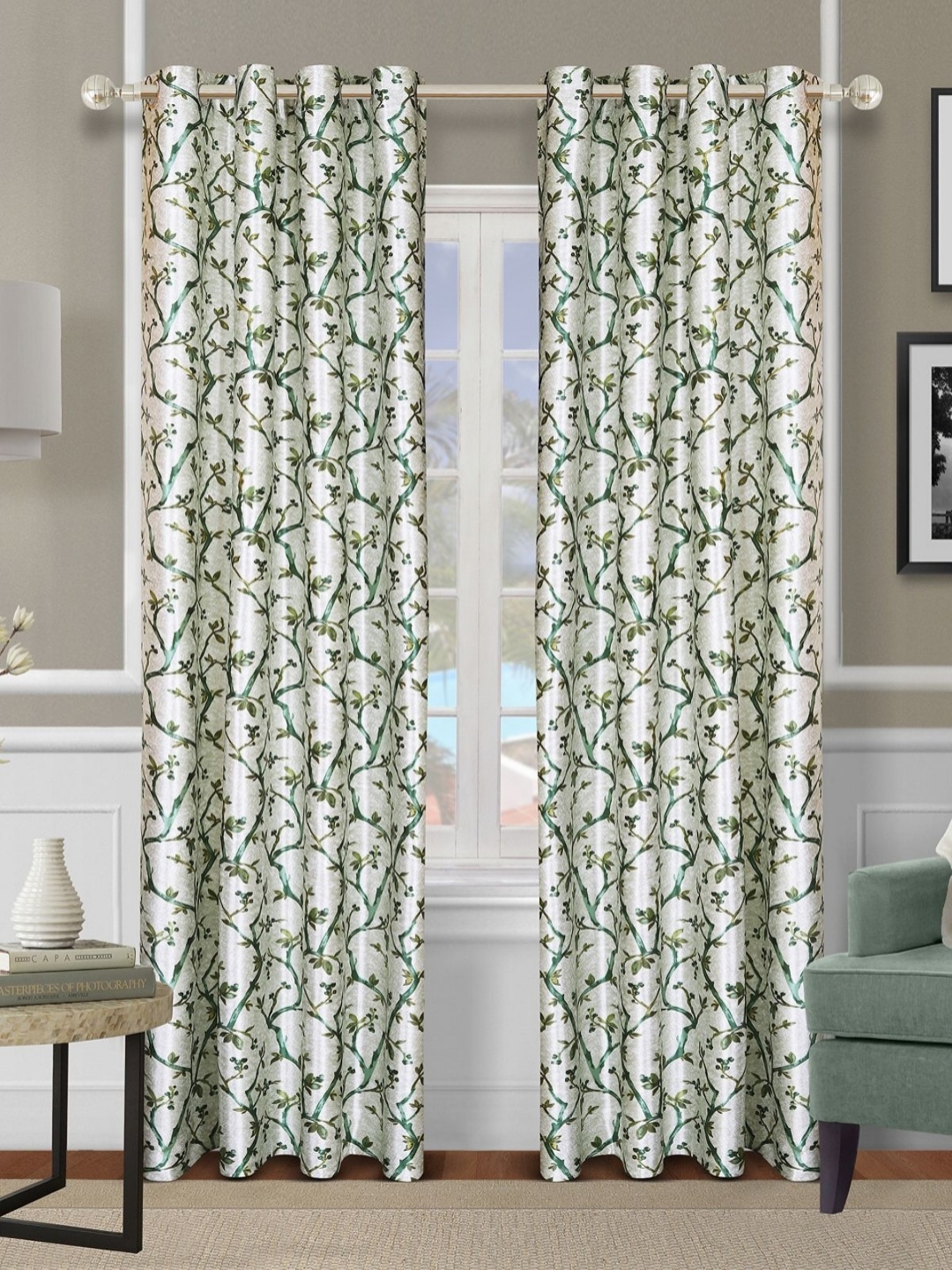 

Aura Green & Off White 2 Pieces Floral Printed Room Darkening Door Curtains