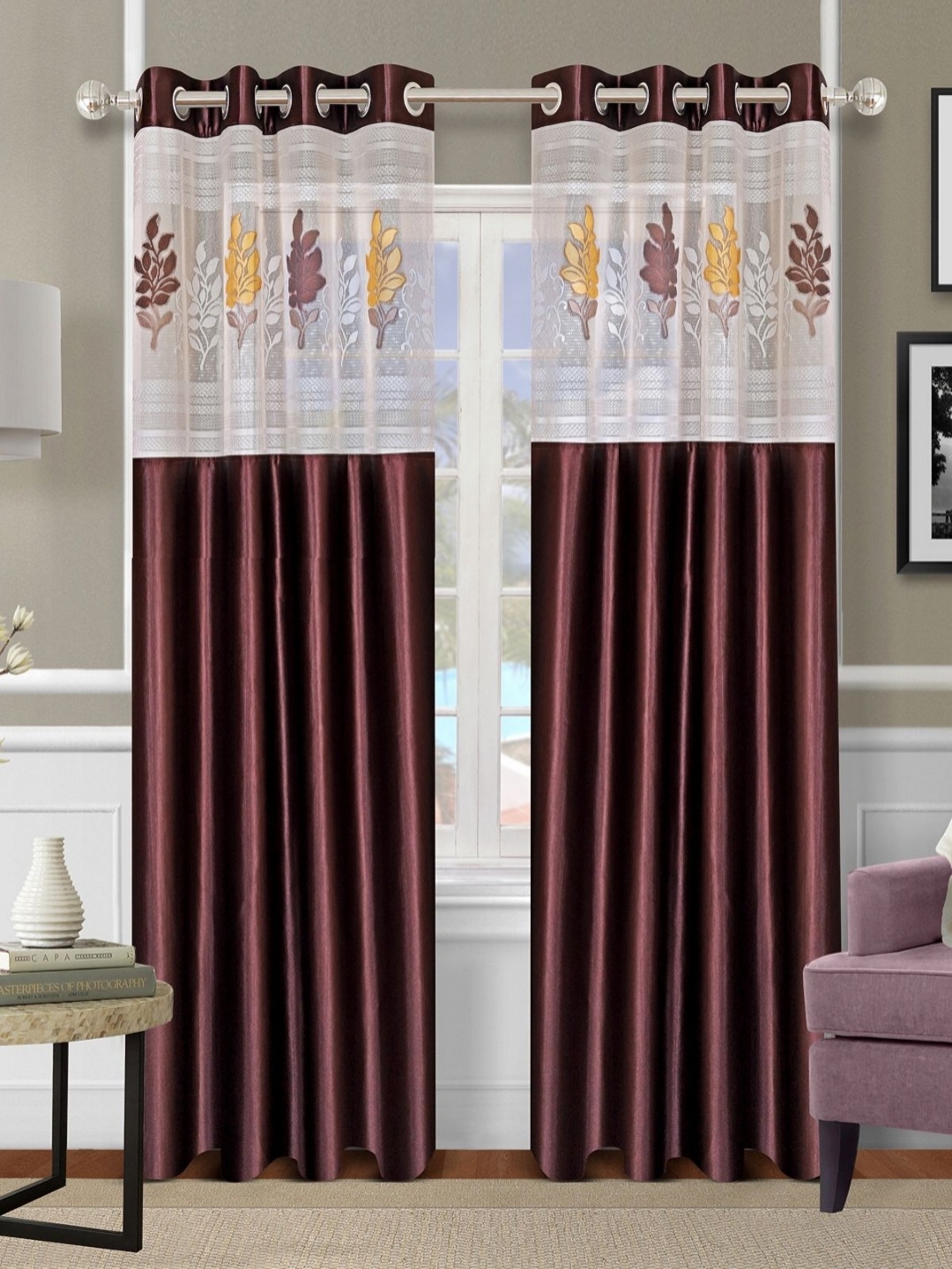 

Aura Brown & White 2 Pieces Floral Printed Room Darkening Door Curtains