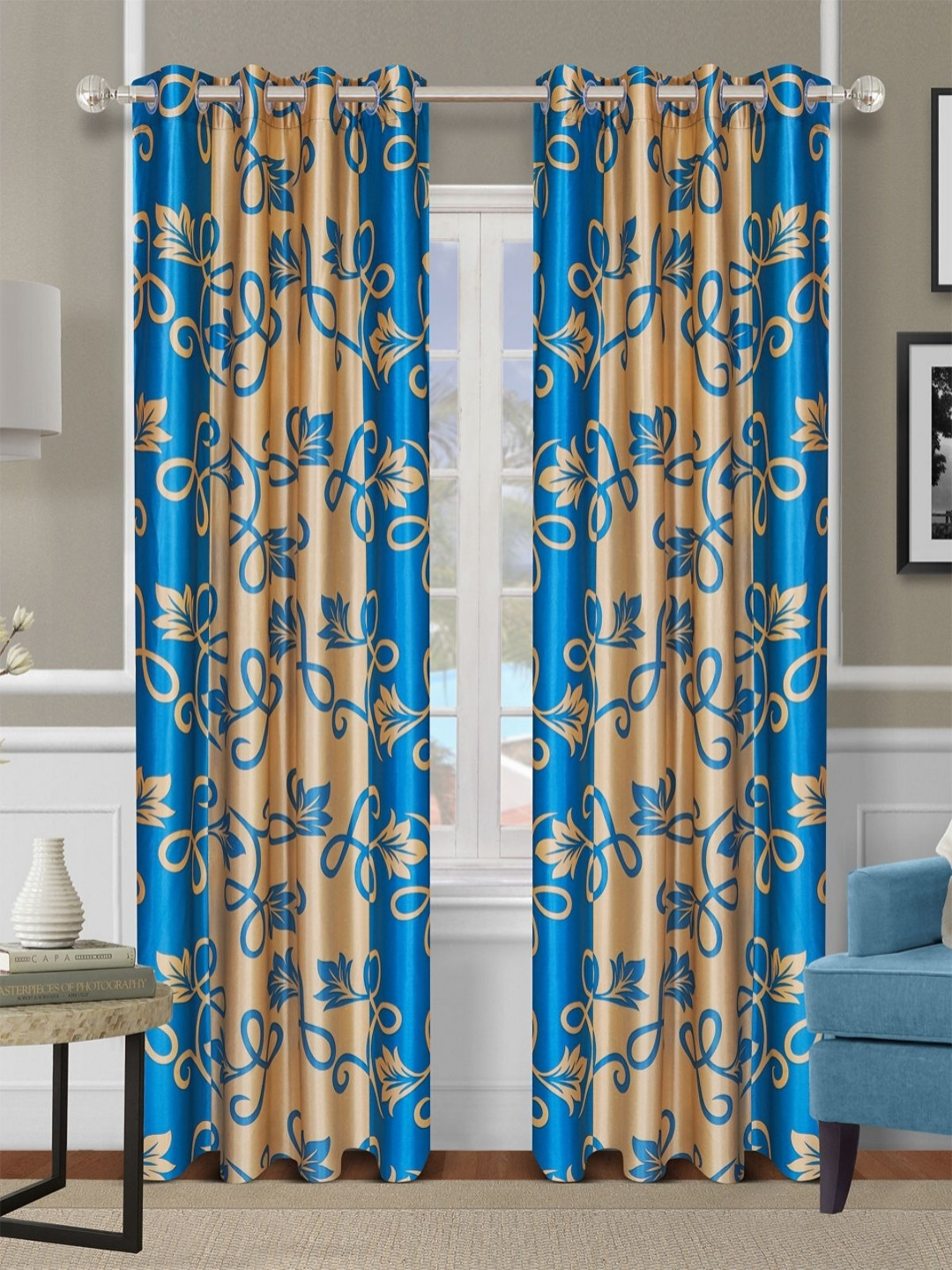 

Aura Blue & Beige 2 Pieces Floral Room Darkening Door Curtains