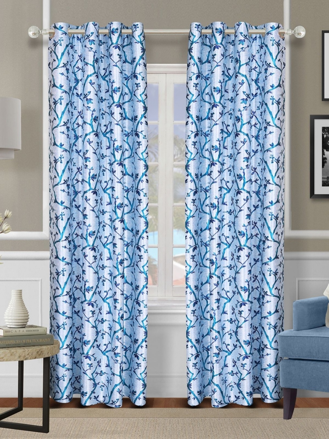 

Aura Blue & Off-White 2 Pieces Floral Printed Room Darkening Door Curtains