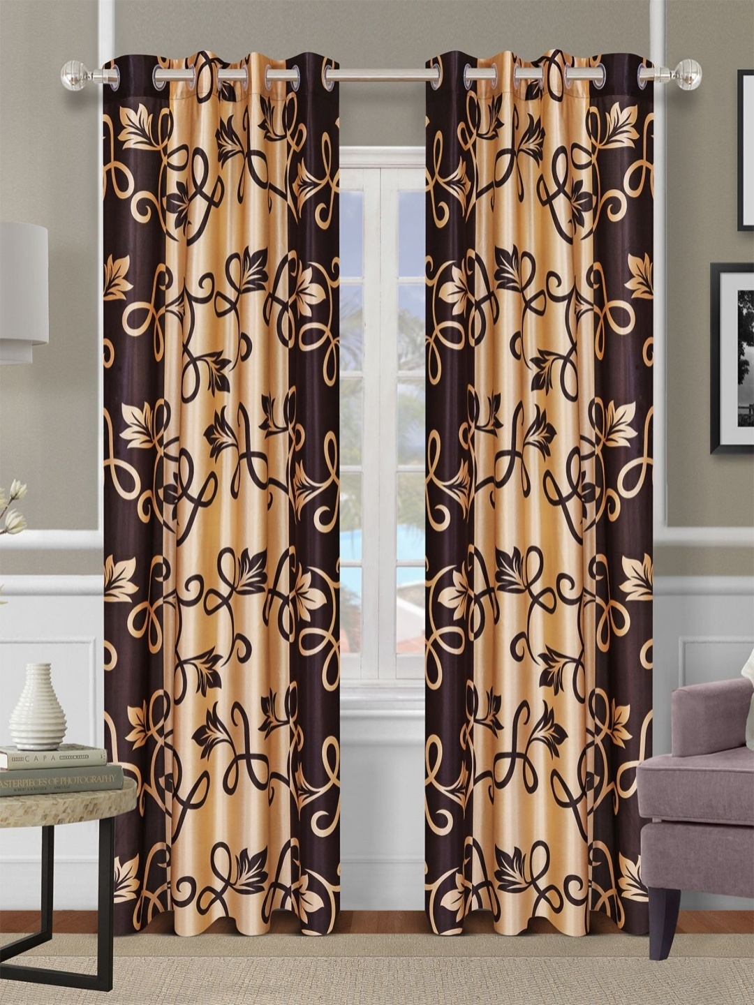 

Aura Brown & Beige 2 Pieces Floral Printed Room Darkening Door Curtains