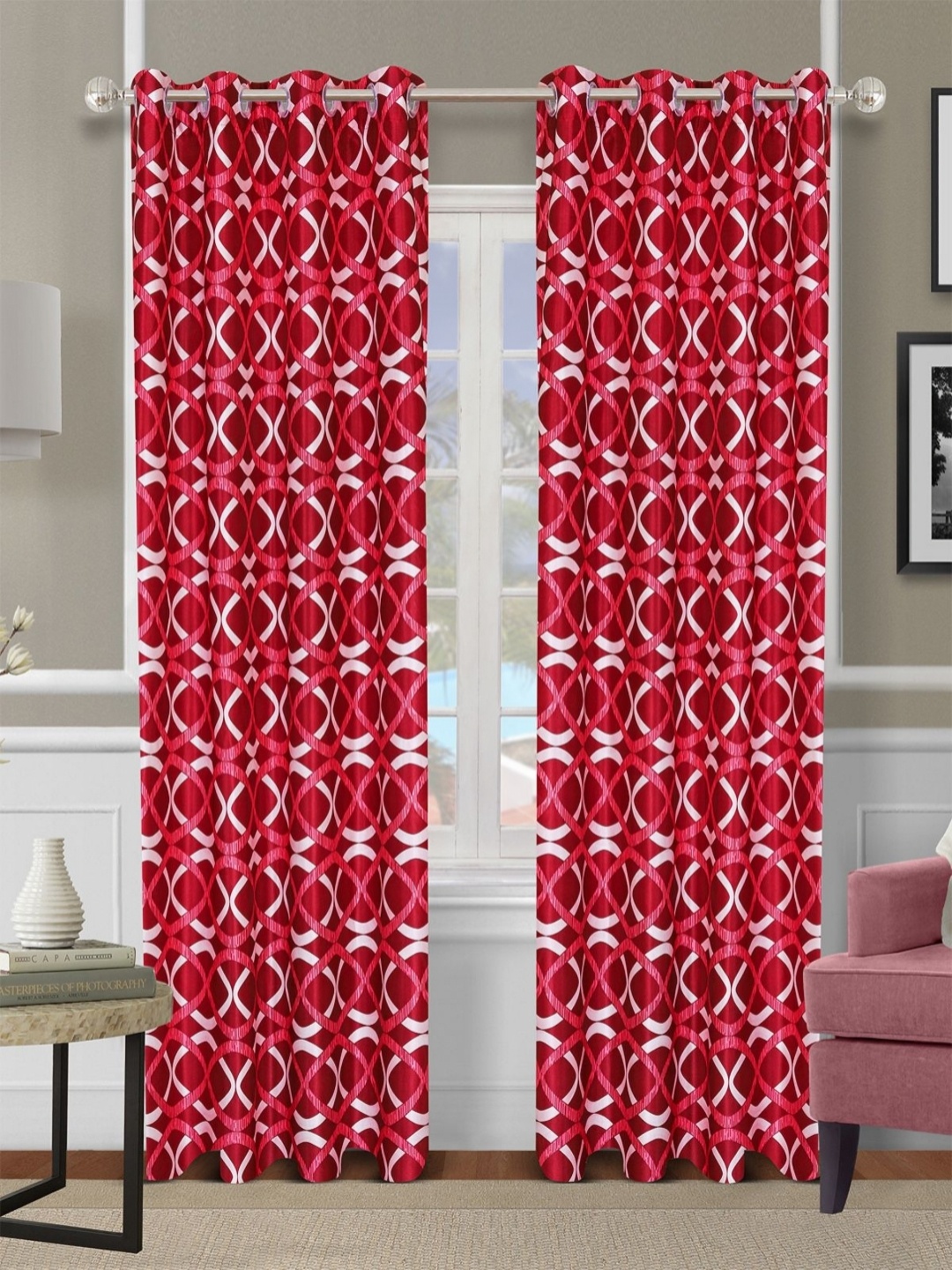 

Aura Maroon & White 2 Pieces Geometric Room Darkening Door Curtains
