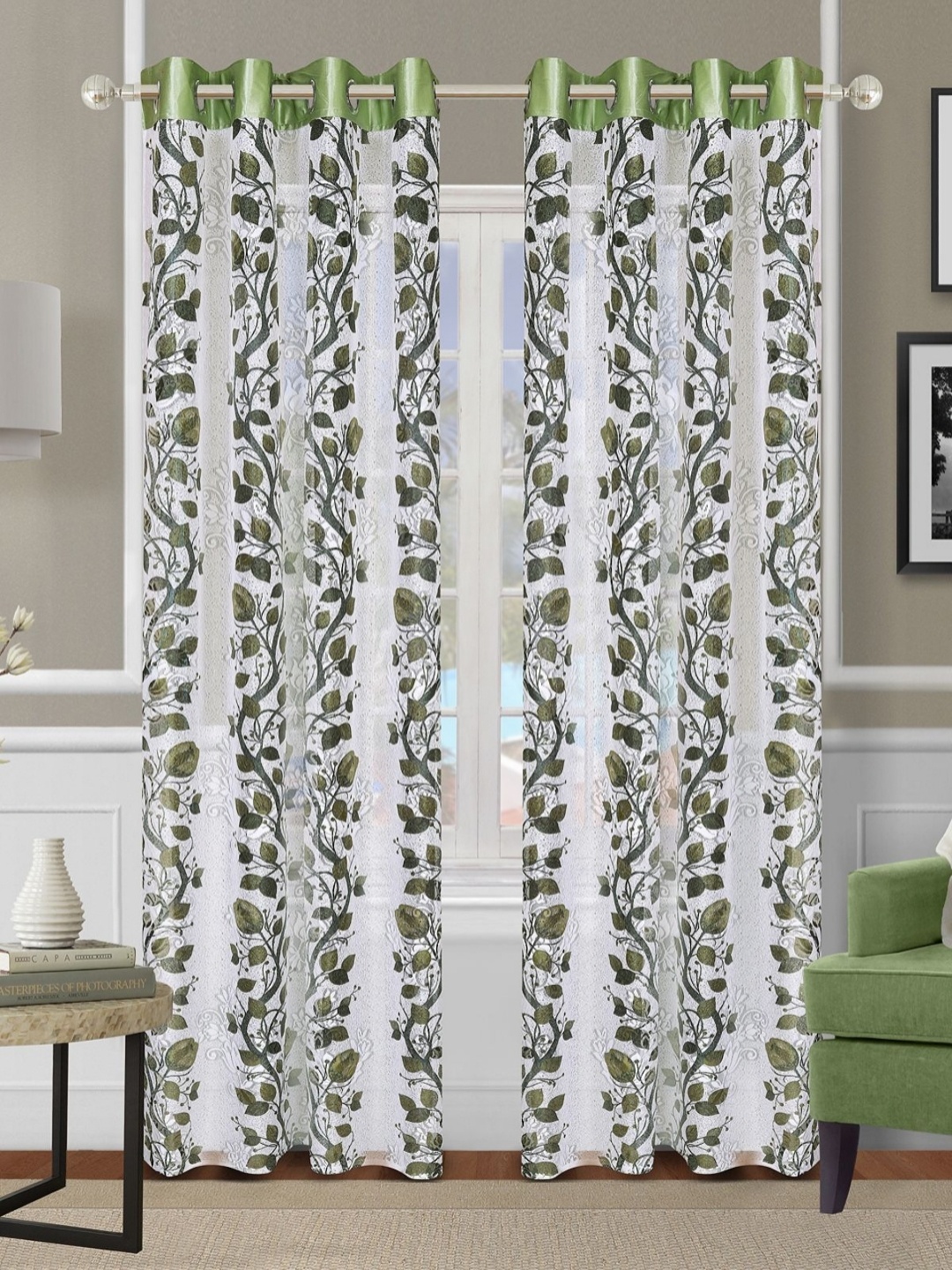 Aura Off White & Green 2 Pieces Floral Room Darkening Door Curtains
