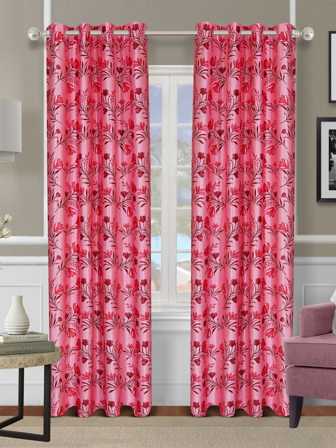

Aura Pink & Brown 2 Pieces Floral Printed Room Darkening Door Curtains