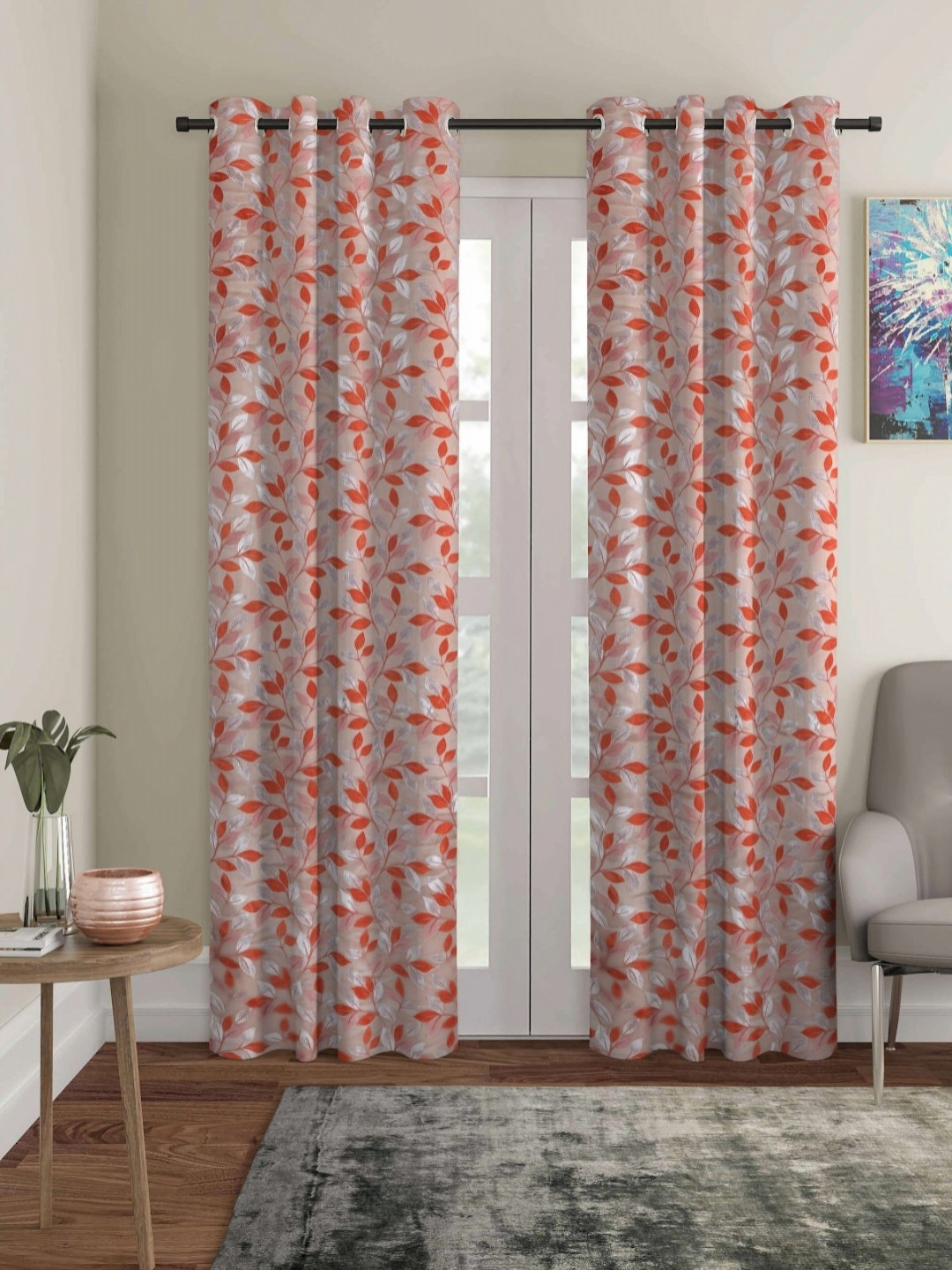 

Aura Beige & Orange-Coloured 2 Pieces Leafy Room Darkening Door Curtains