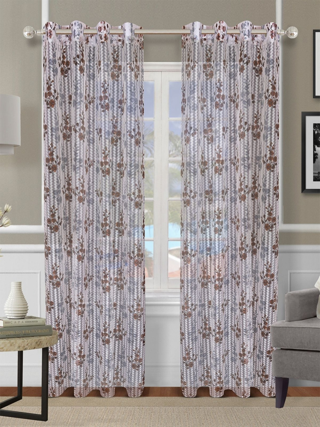 

Aura Brown & Grey 2 Pieces Floral Printed Sheer Door Curtains