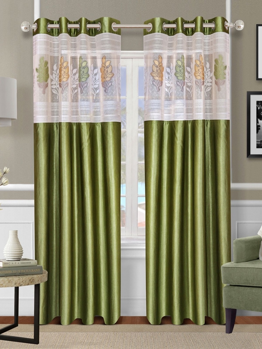

Aura Green & White 2 Pieces Floral Printed Room Darkening Door Curtains