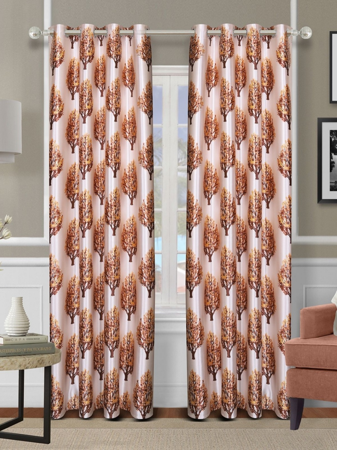 

Aura Pink & Brown 2 Pieces Floral Printed Room Darkening Door Curtains