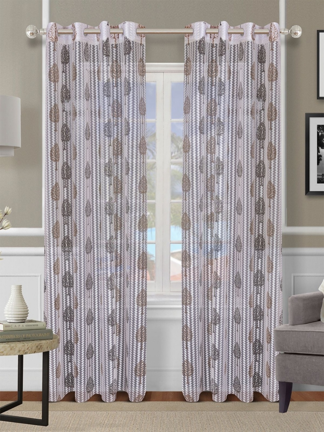 Aura Off White & Brown 2 Pieces Floral Printed Sheer Door Curtains