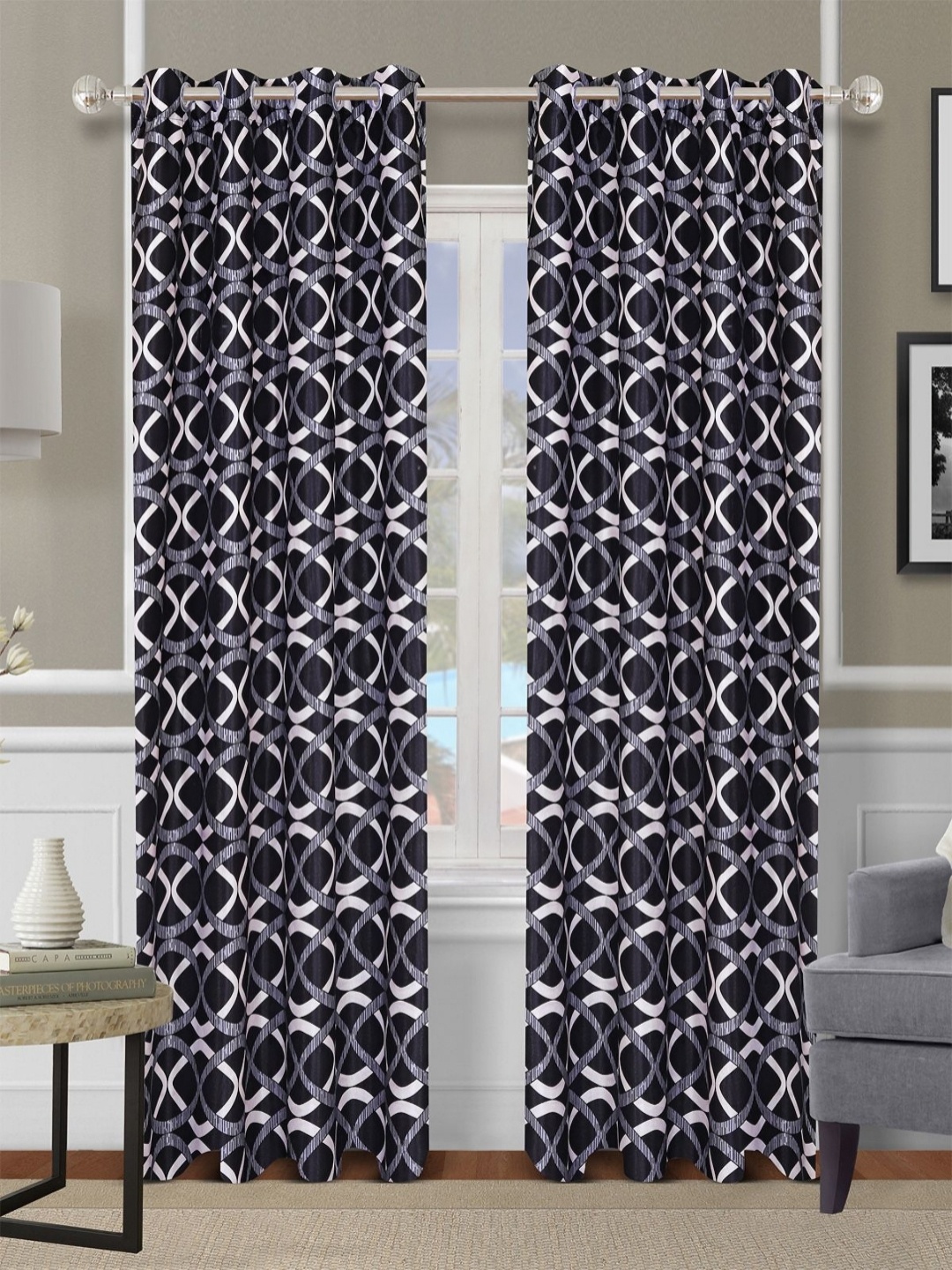 

Aura Navy Blue & White 2 Pieces Geometric Room Darkening Door Curtains
