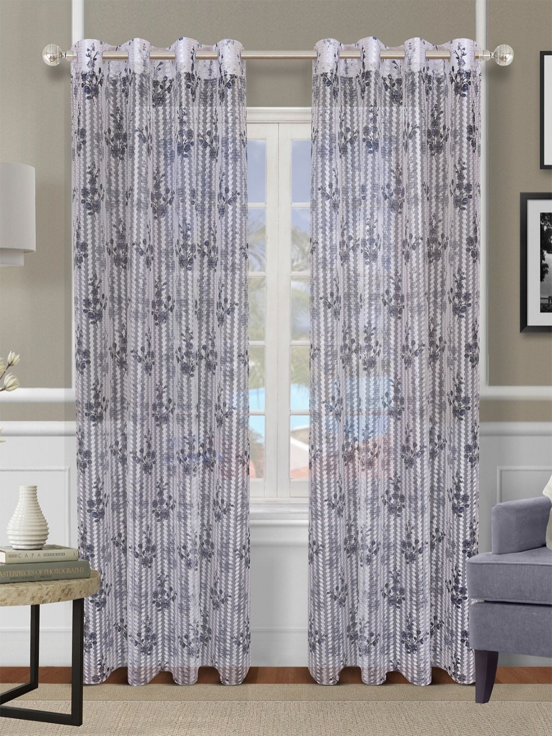 

Aura Blue & Grey 2 Pieces Floral Printed Sheer Door Curtains