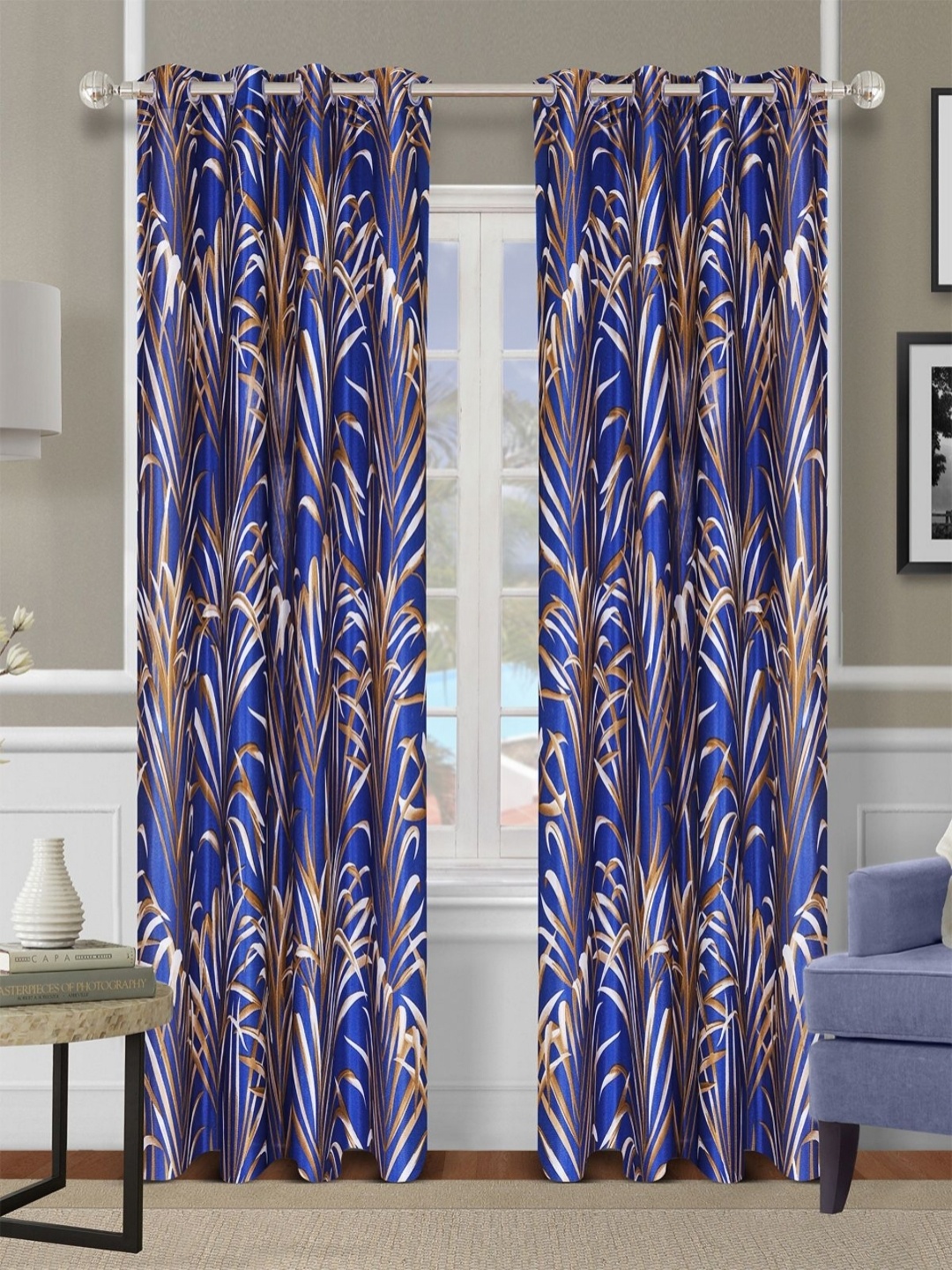 

Aura Blue & Brown 2 Pieces Floral Printed Room Darkening Door Curtains