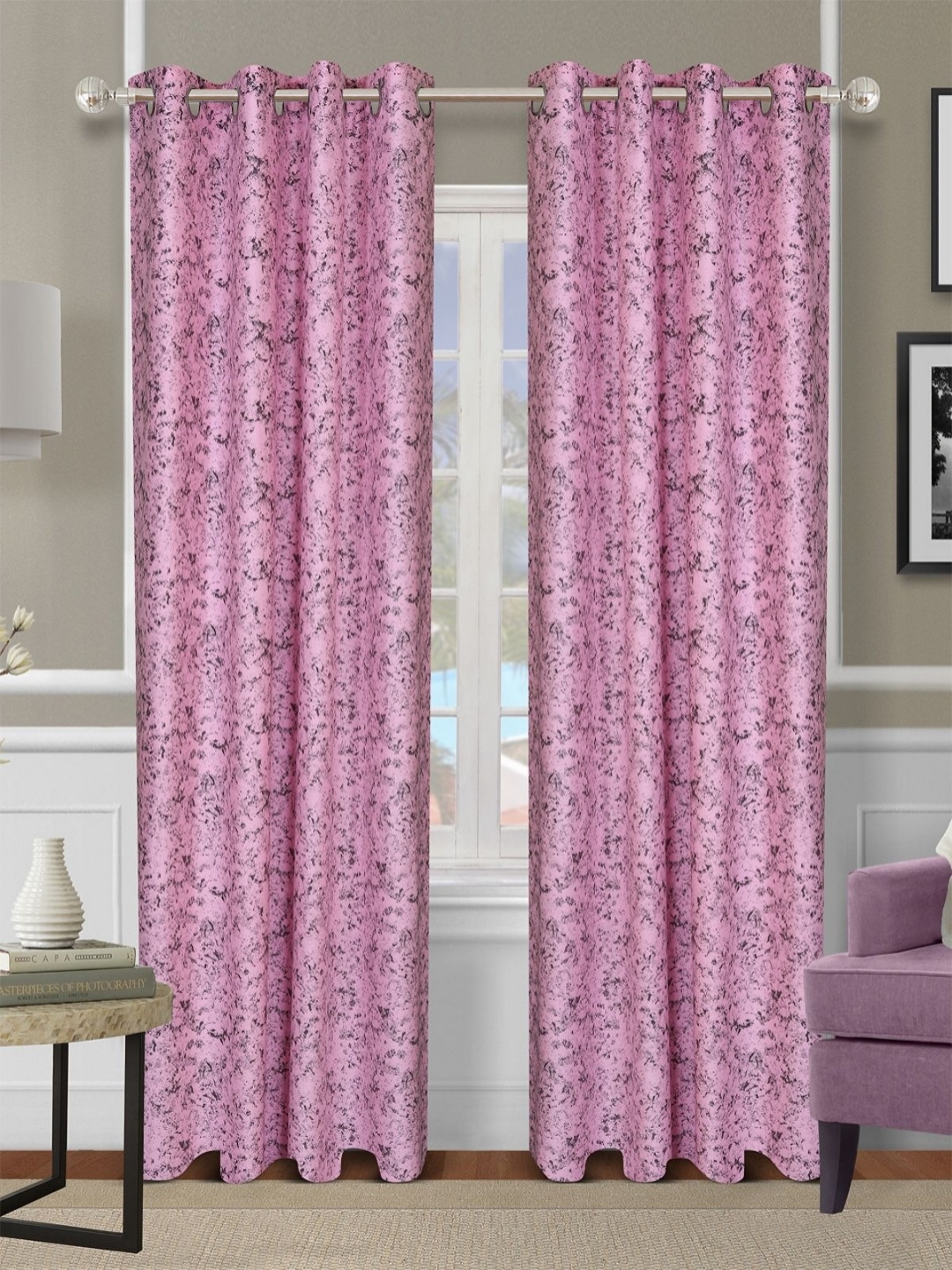 

Aura Pink & Black 2 Pieces Abstract Printed Room Darkening Door Curtains