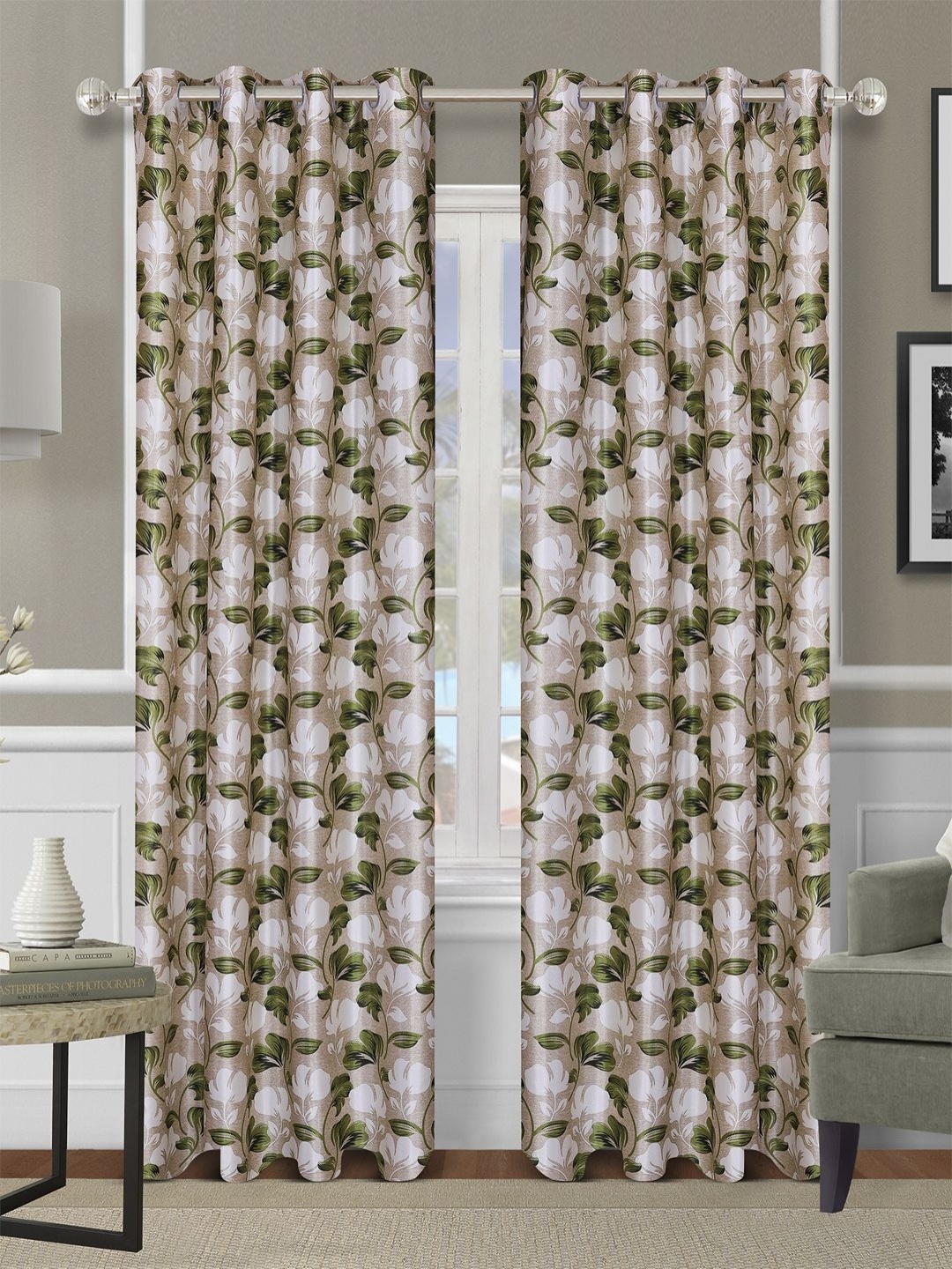 

Aura Beige & Green 2 Pieces Floral Printed Room Darkening Door Curtains
