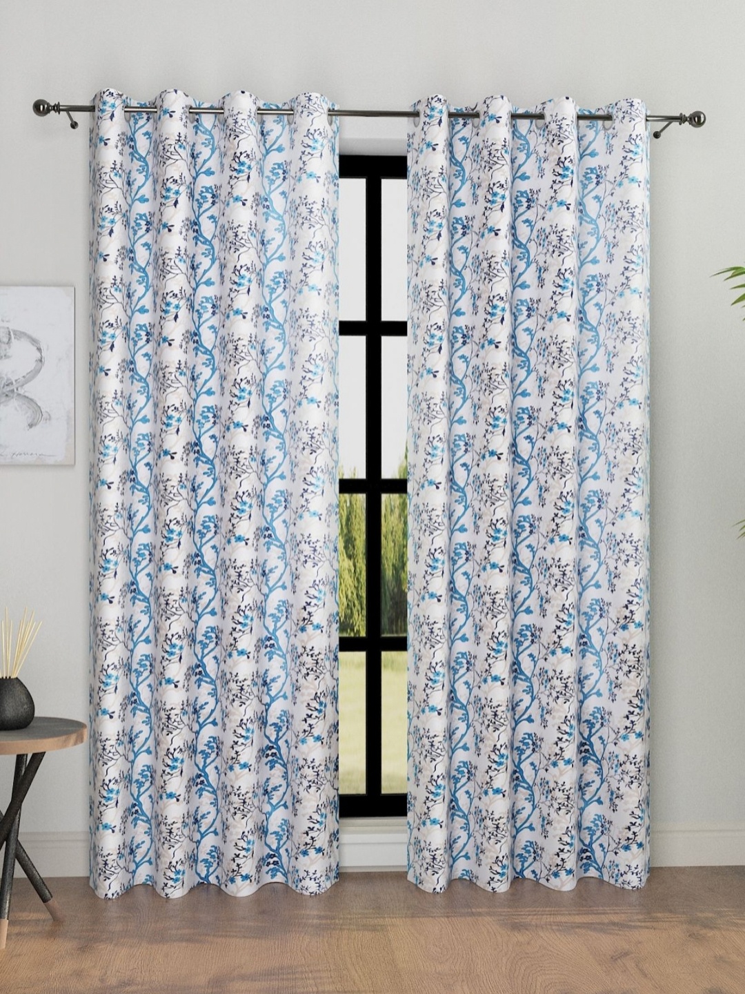 Aura White & Blue 2 Pieces Floral Room Darkening Door Curtains
