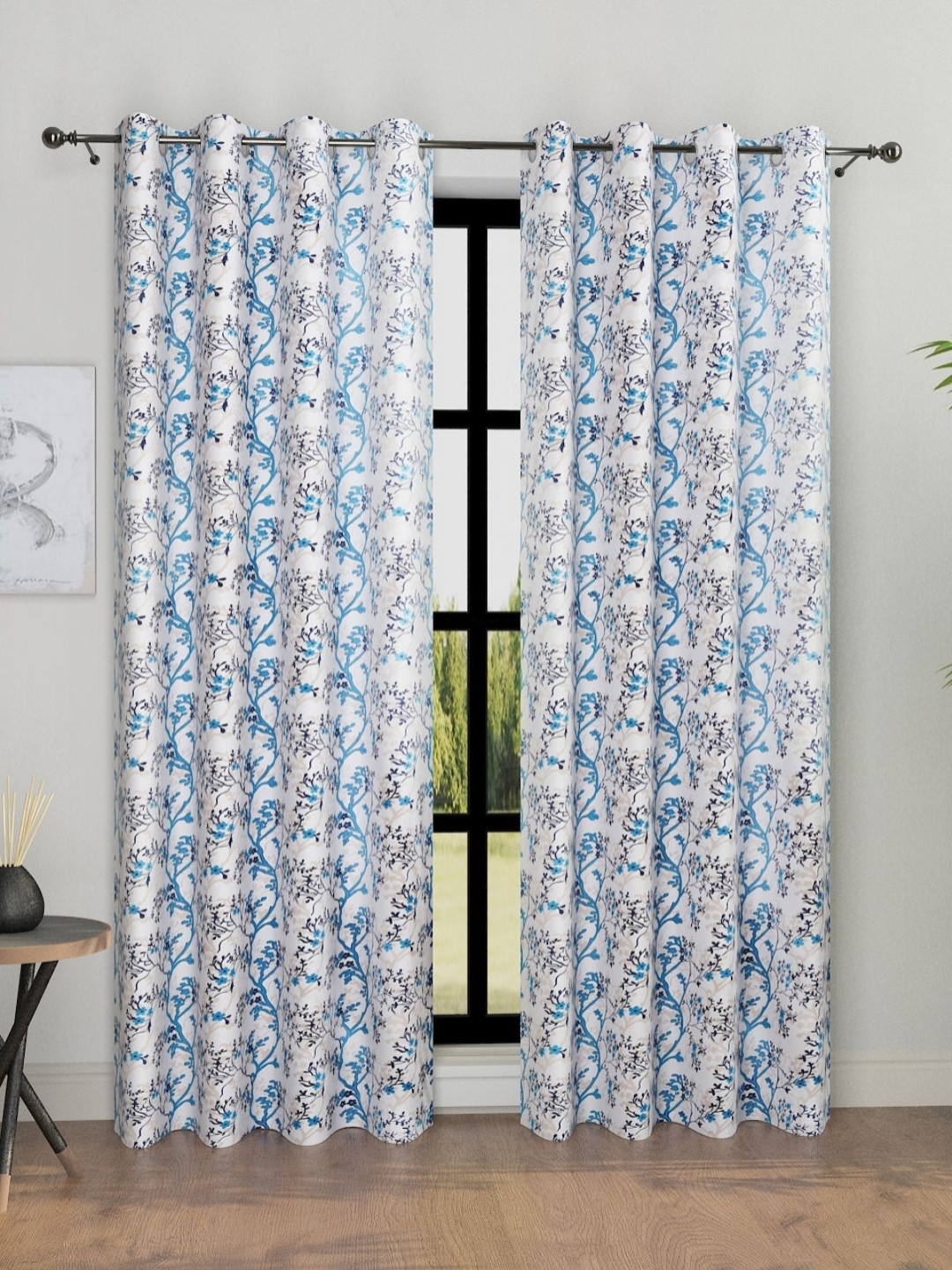 

Aura White & Blue 2 Pieces Floral Printed Room Darkening Door Curtains