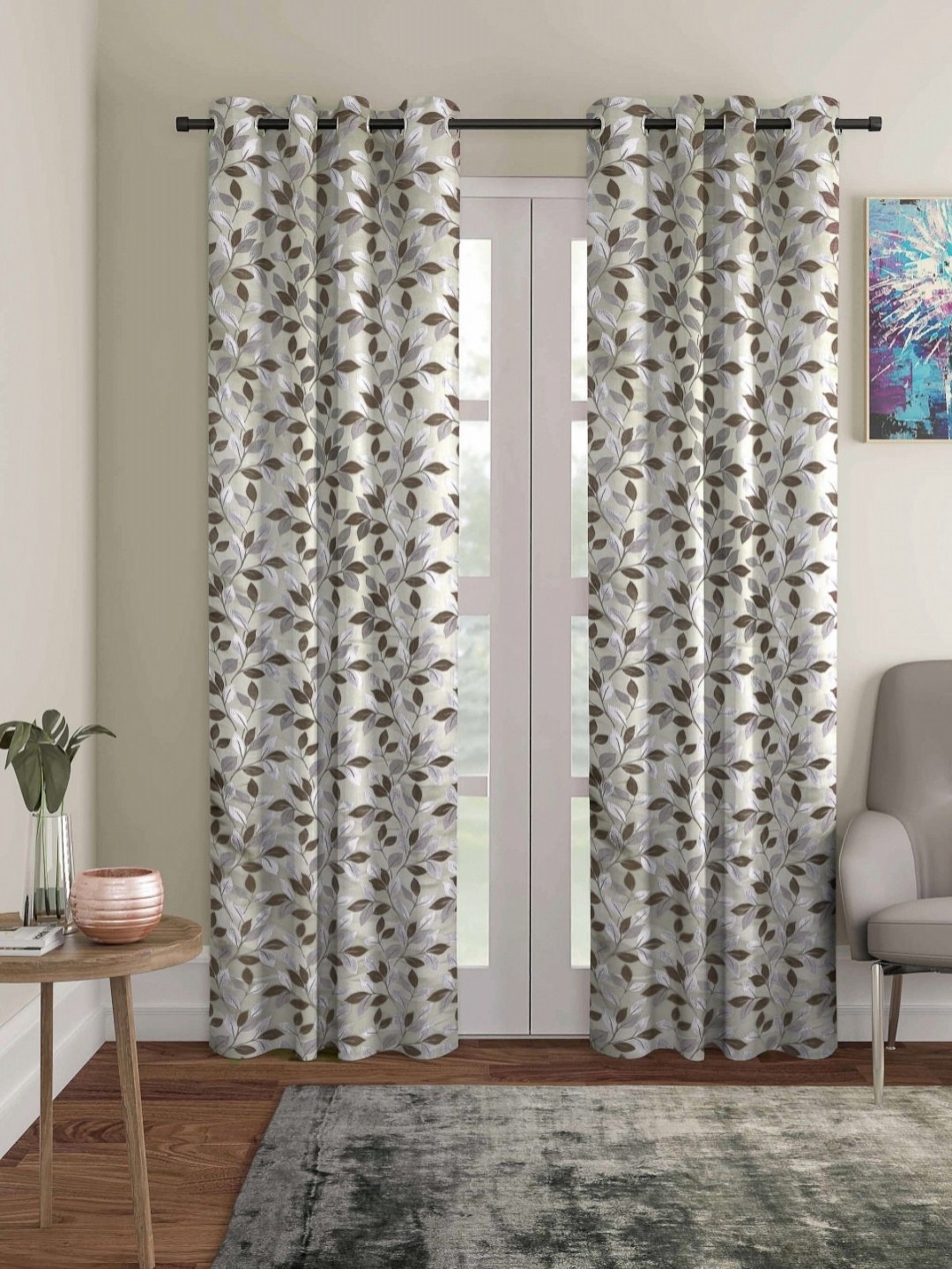

Aura Beige & Grey 2 Pieces Leafy Room Darkening Door Curtains