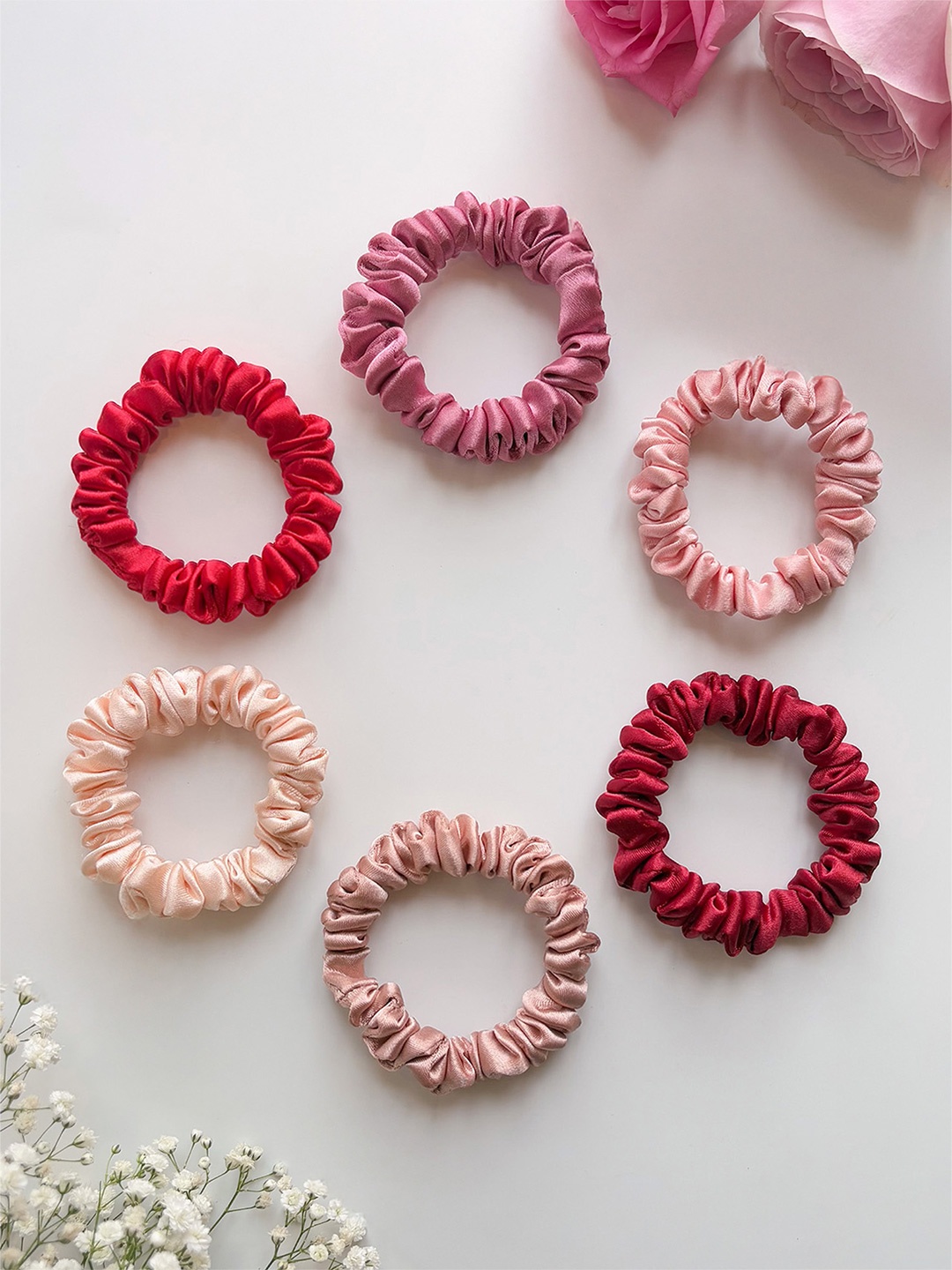 

Silvr Bear Luxe Satin Skinny Scrunchies - Rose Shades, Red