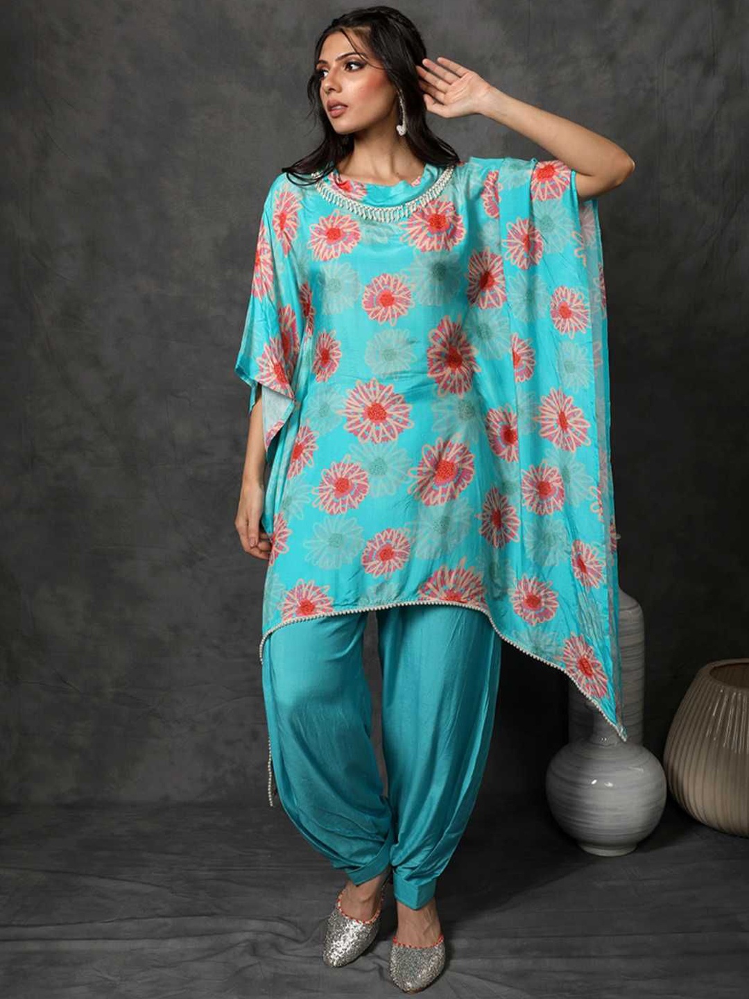 

Label Ishnya Ethnic Motifs Printed Round Neck Kaftan Tunic With Trouser, Blue