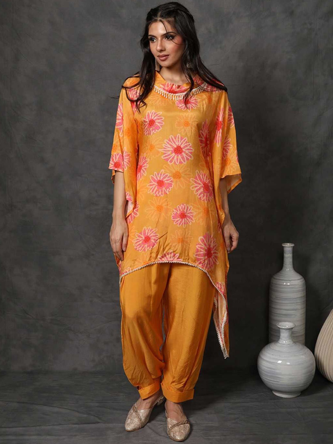 

Label Ishnya Ethnic Motifs Printed Round Neck Kaftan Tunic With Trouser, Orange