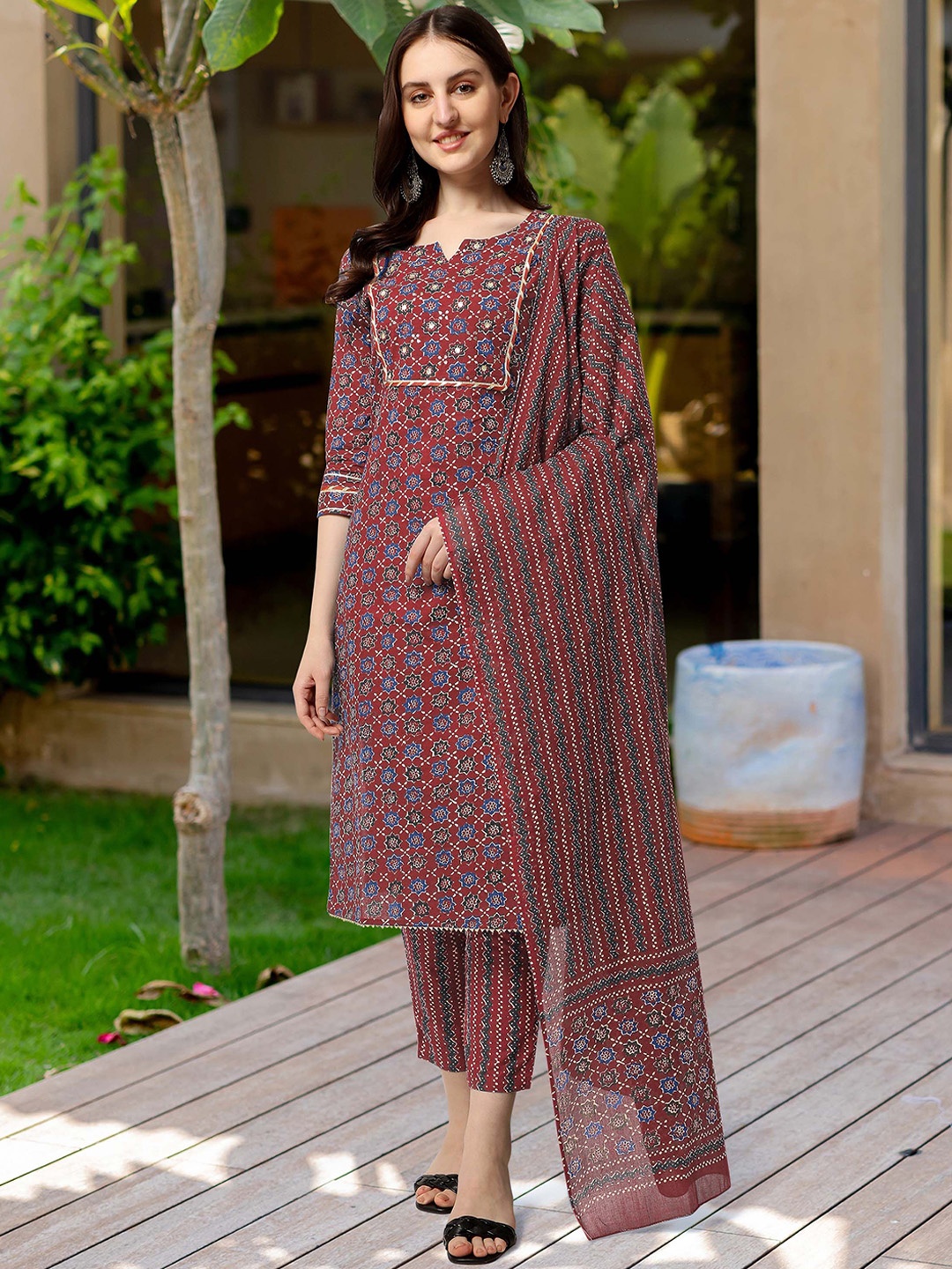 

MIRCHI FASHION Geometric Printed Sequinned Pure Cotton Kurta With Trousers And Dupatta, Maroon