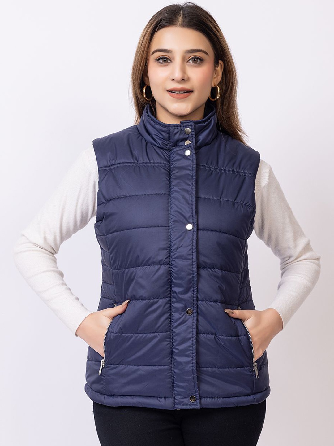 

Club York Women Mock Collar Solid Casual Lightweight Gilet Jacket, Navy blue