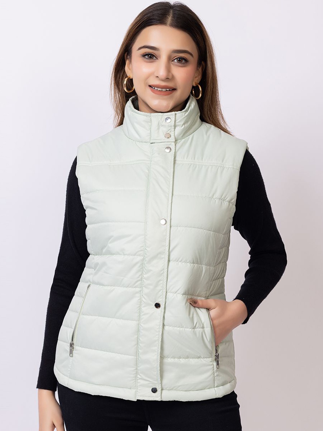 

Club York Women Mock Collar Solid Casual Lightweight Gilet Jacket, Off white