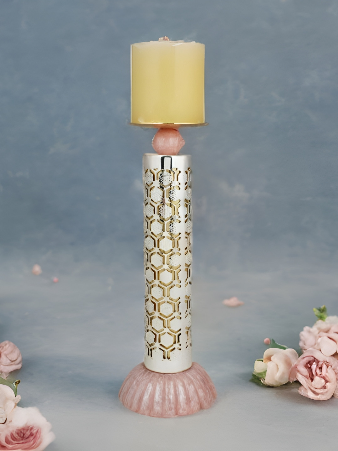 

THE HOME CO. Gold-Toned & Pink Textured Candle Holder
