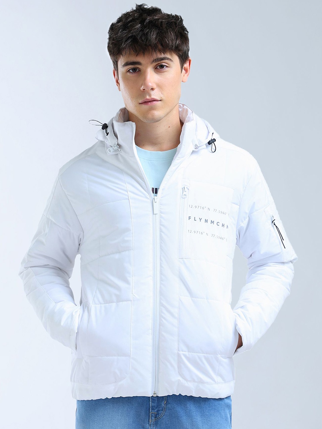 Flying Machine Men Hooded Typography Printed Casual Padded Jacket, White