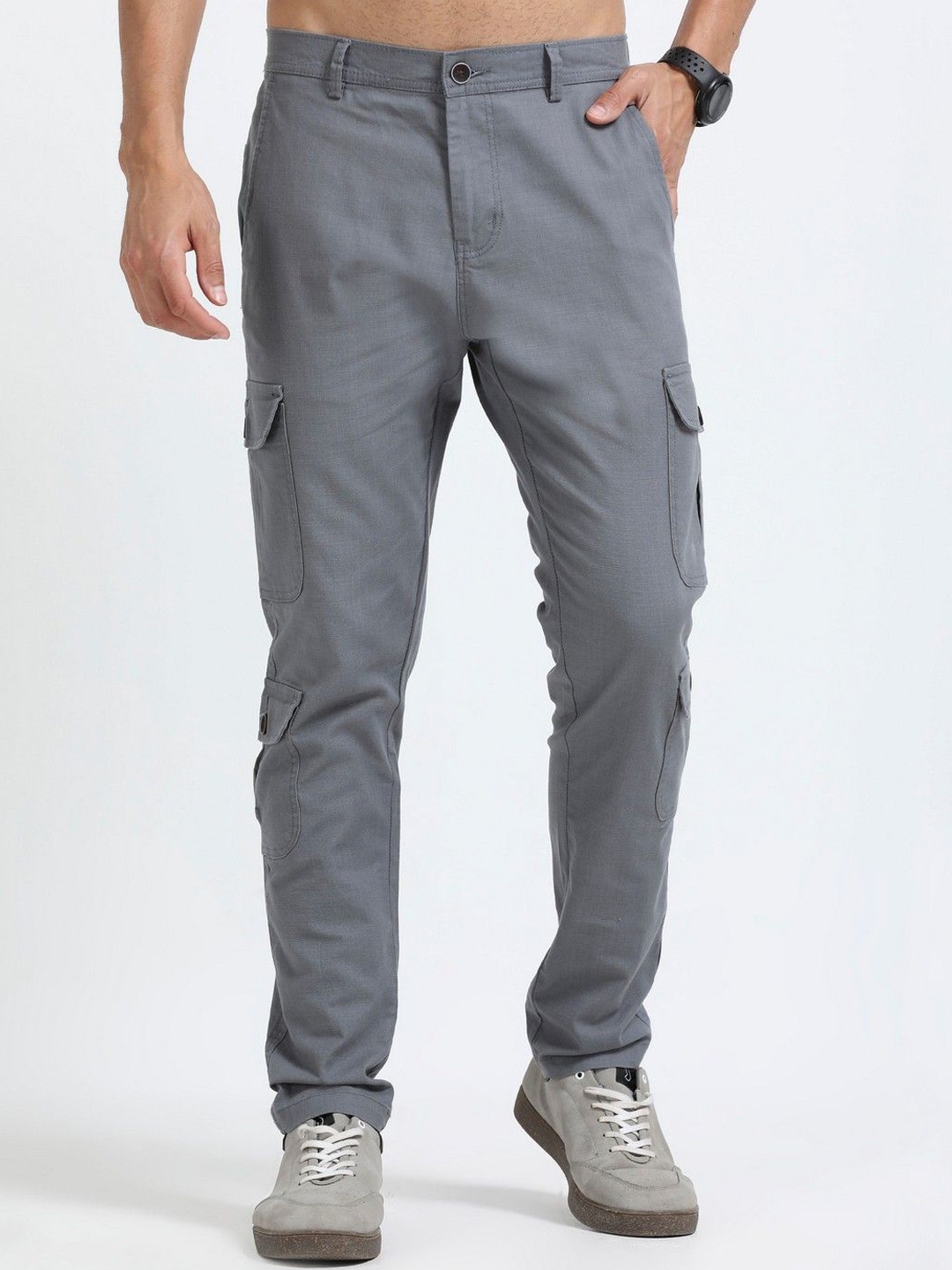 

NEVER NEUD Men Relaxed Lazy Linen Utility Cargos Trousers, Grey