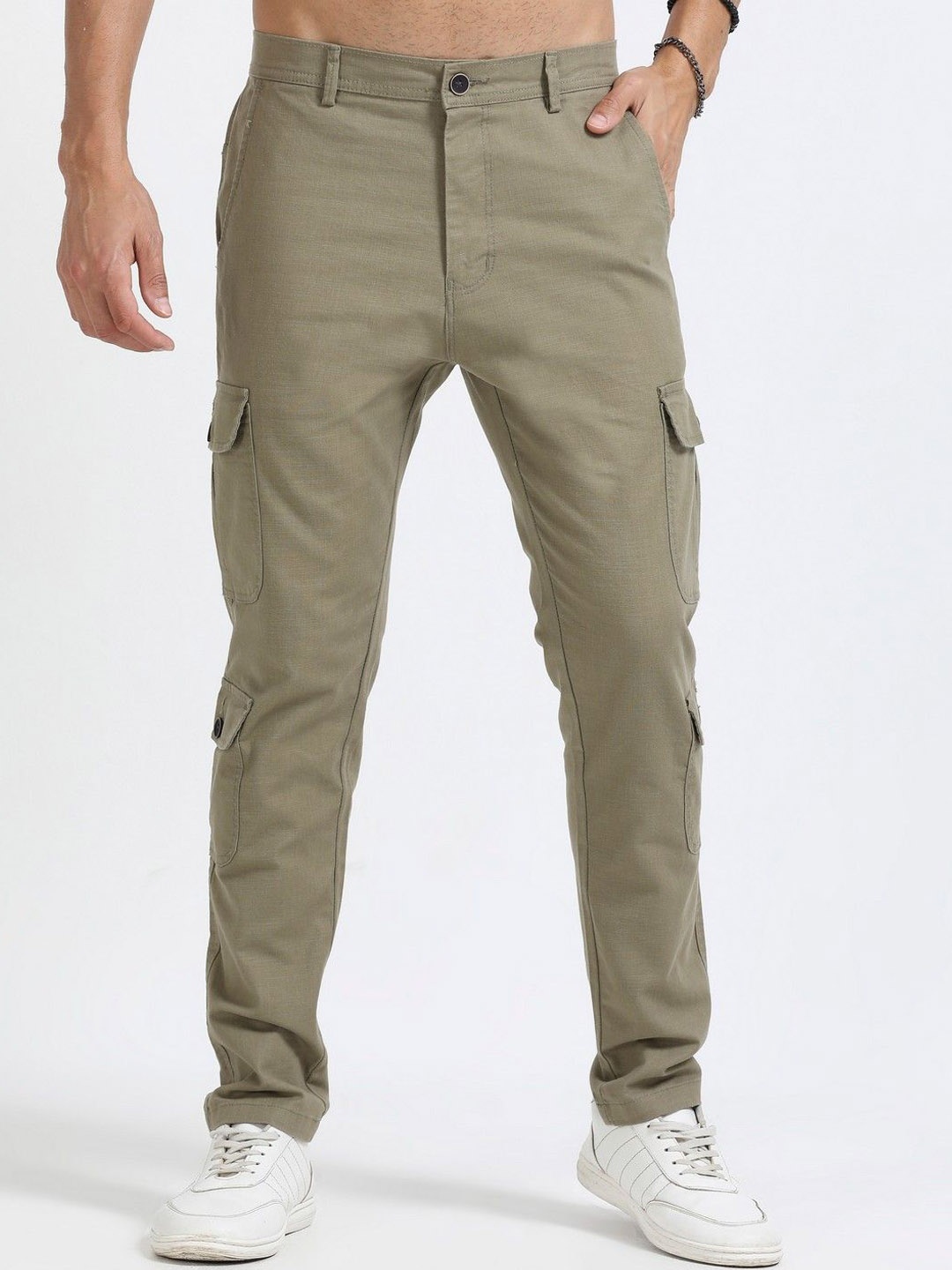 

NEVER NEUD Men Relaxed Lazy Linen Utility Cargo Trousers, Olive