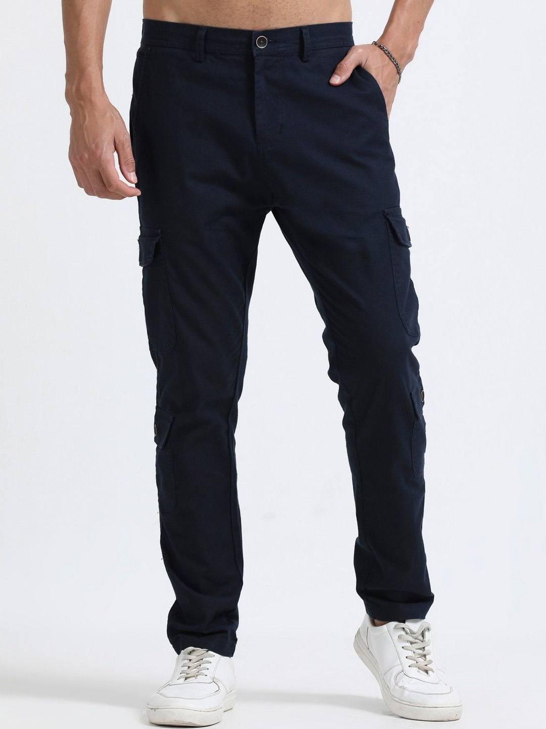 

NEVER NEUD Men Relaxed Lazy Linen Utility Cargos Trousers, Navy blue