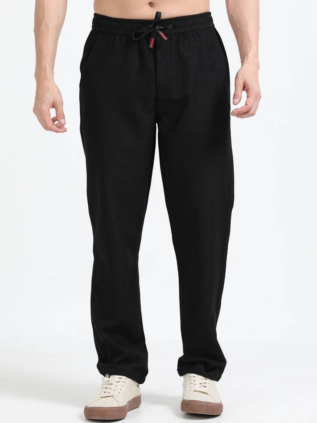 

NEVER NEUD Men Relaxed Fit Lazy Linen Traveller Mid-Rise Trousers, Black