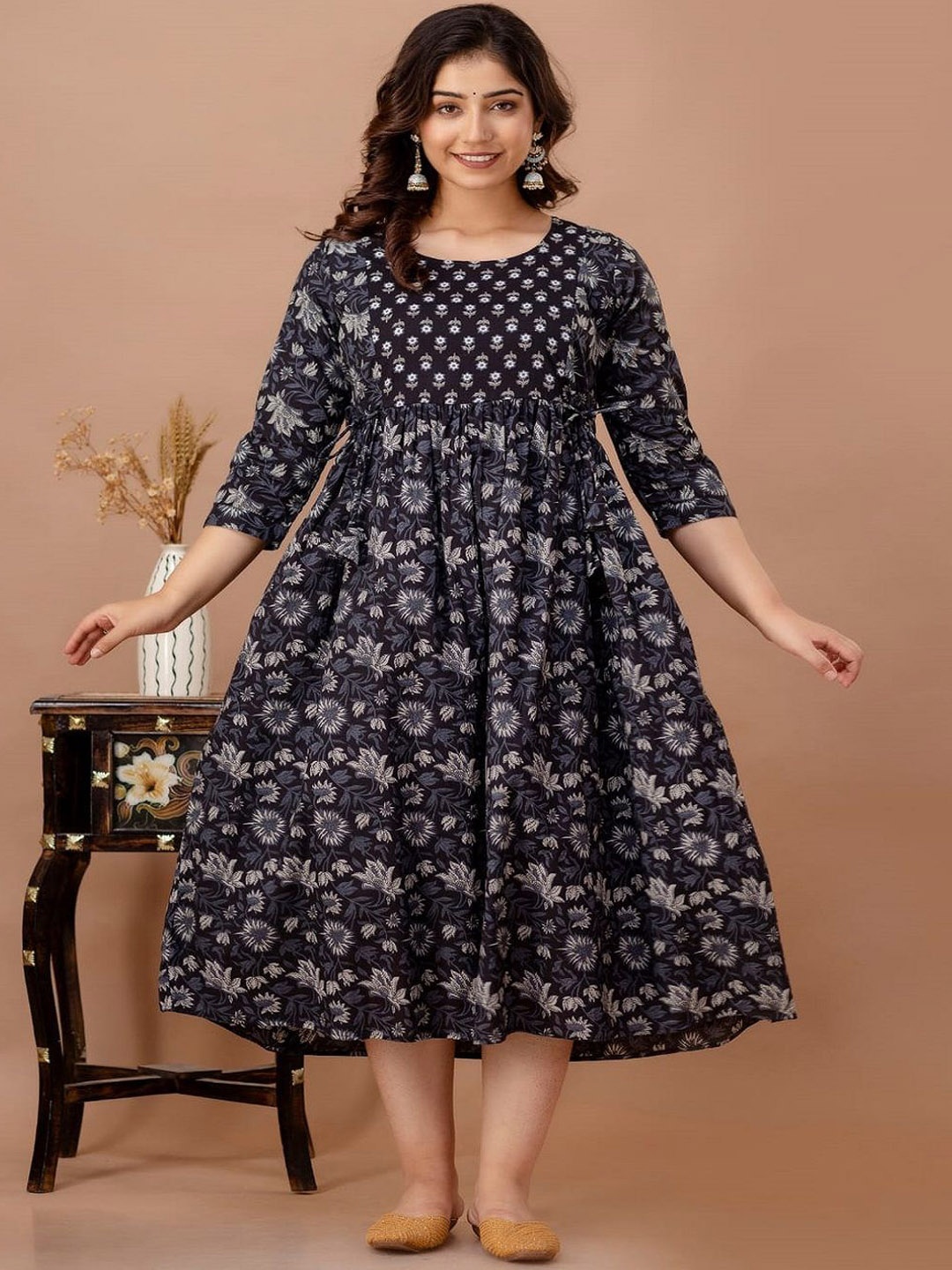 

Nevisha Style Floral Printed Round Neck Maternity Cotton Fit and Flare Dress, Black