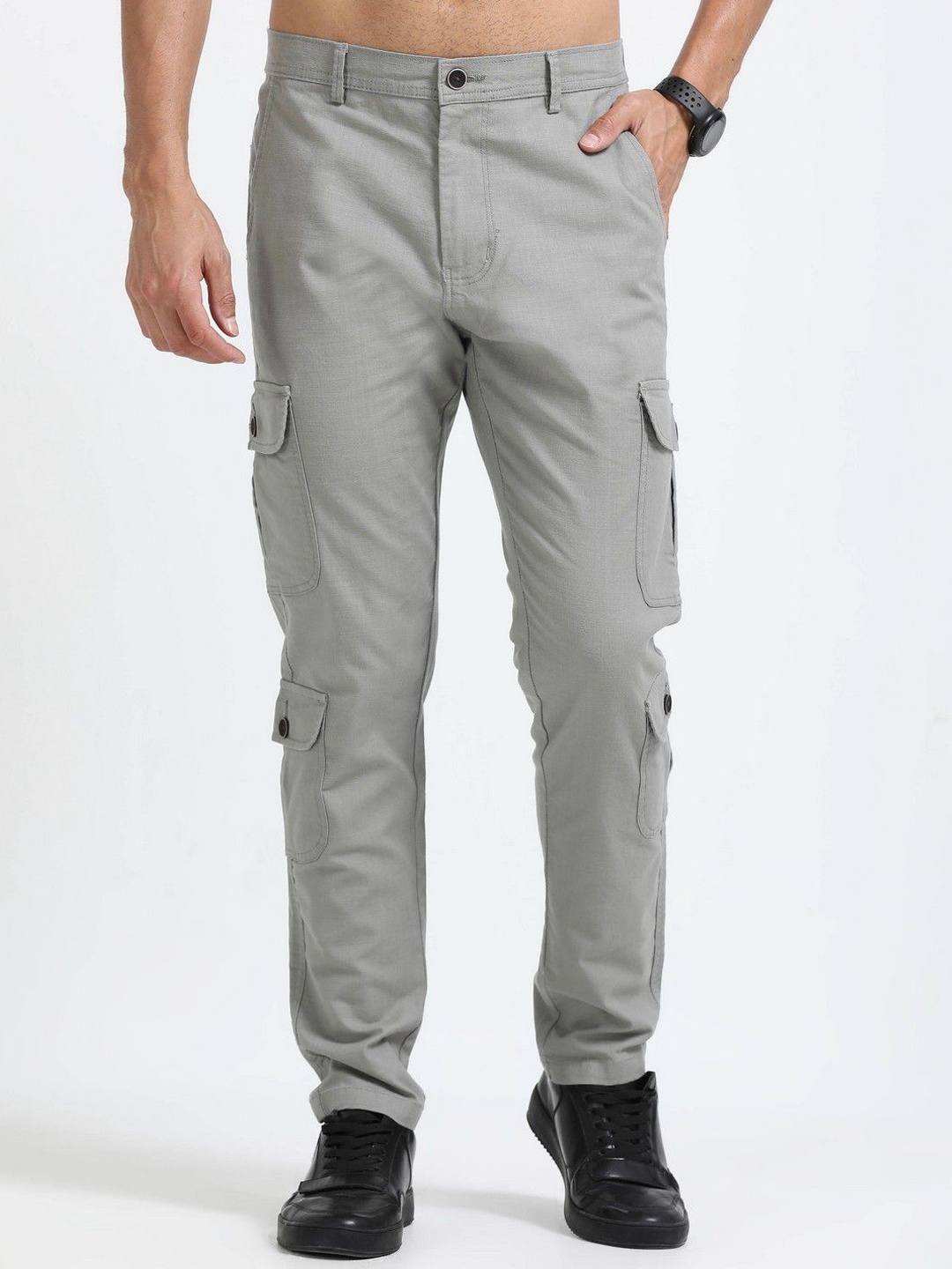 

NEVER NEUD Men Lazy Linen Utility Relaxed Regular Fit Cotton Cargos Trouser, Grey