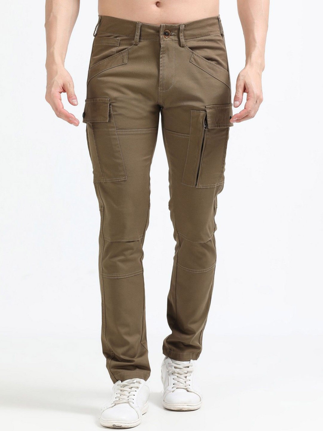 

NEVER NEUD Men Relaxed Regular Fit Mid-Rise Heavy Utility Cargos Trousers, Coffee brown