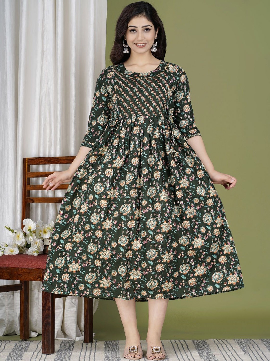 

Nevisha Style Floral Printed Round Neck Maternity Cotton Fit and Flare Dress, Green