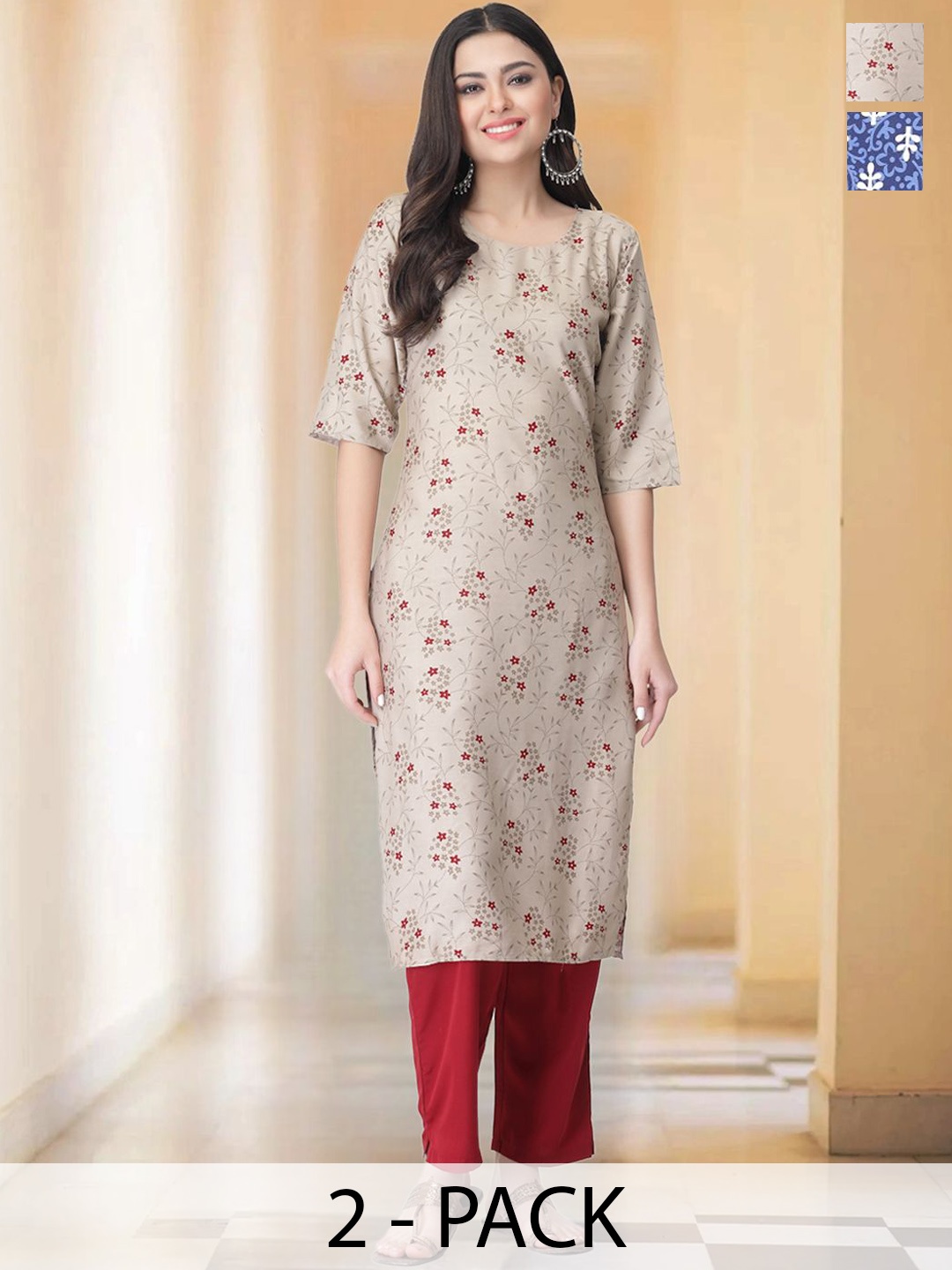 

7Threads Selection Of 2 Floral Printed Round Neck Straight Kurtas With Trousers, Grey